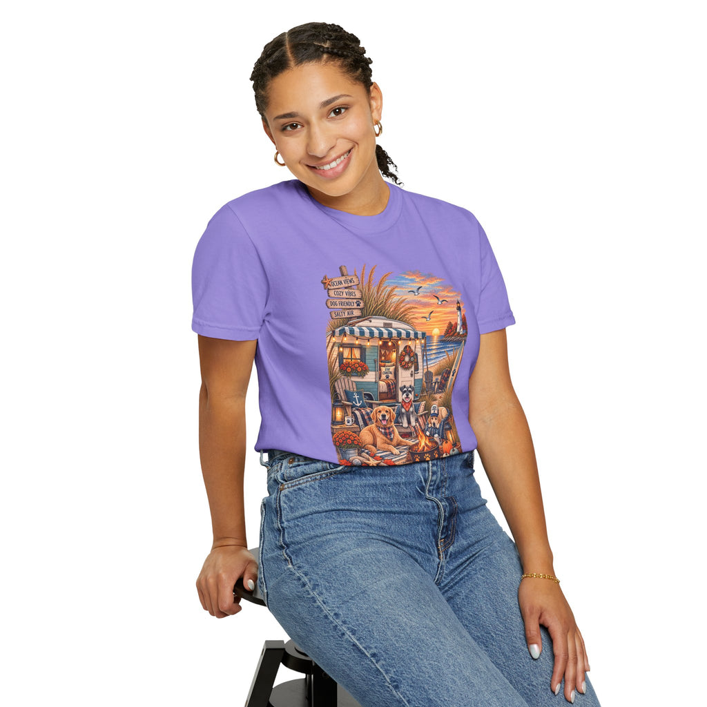 Campfires, Coastlines & Canines T-Shirt — Retro Camper Dog Camping Graphic Tee