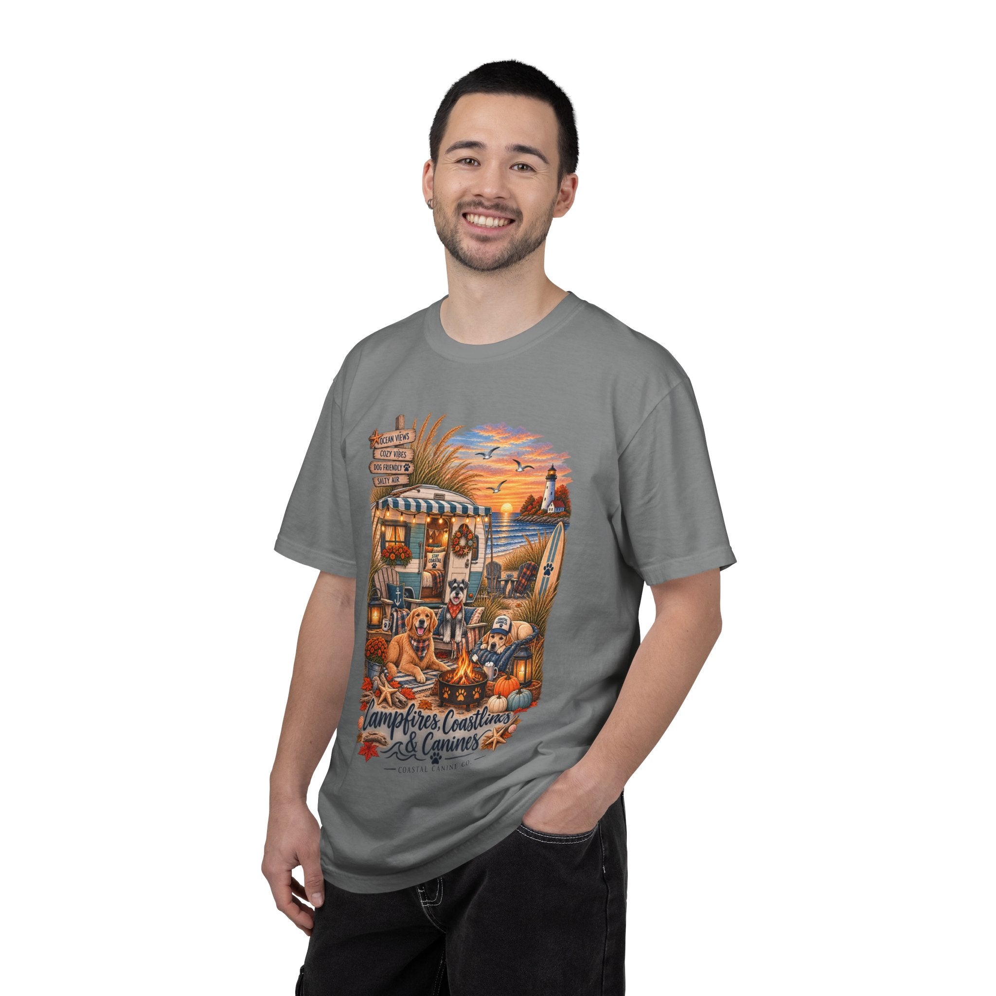 Campfires, Coastlines & Canines T-Shirt — Retro Camper Dog Camping Graphic Tee