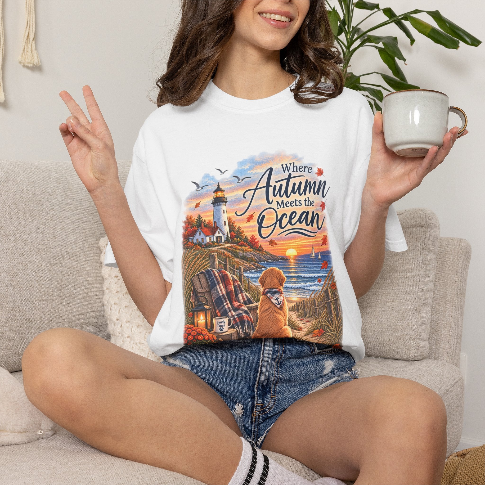Autumn Meets the Ocean T-Shirt — Cozy Coastal Fall Tee with Golden Retriever