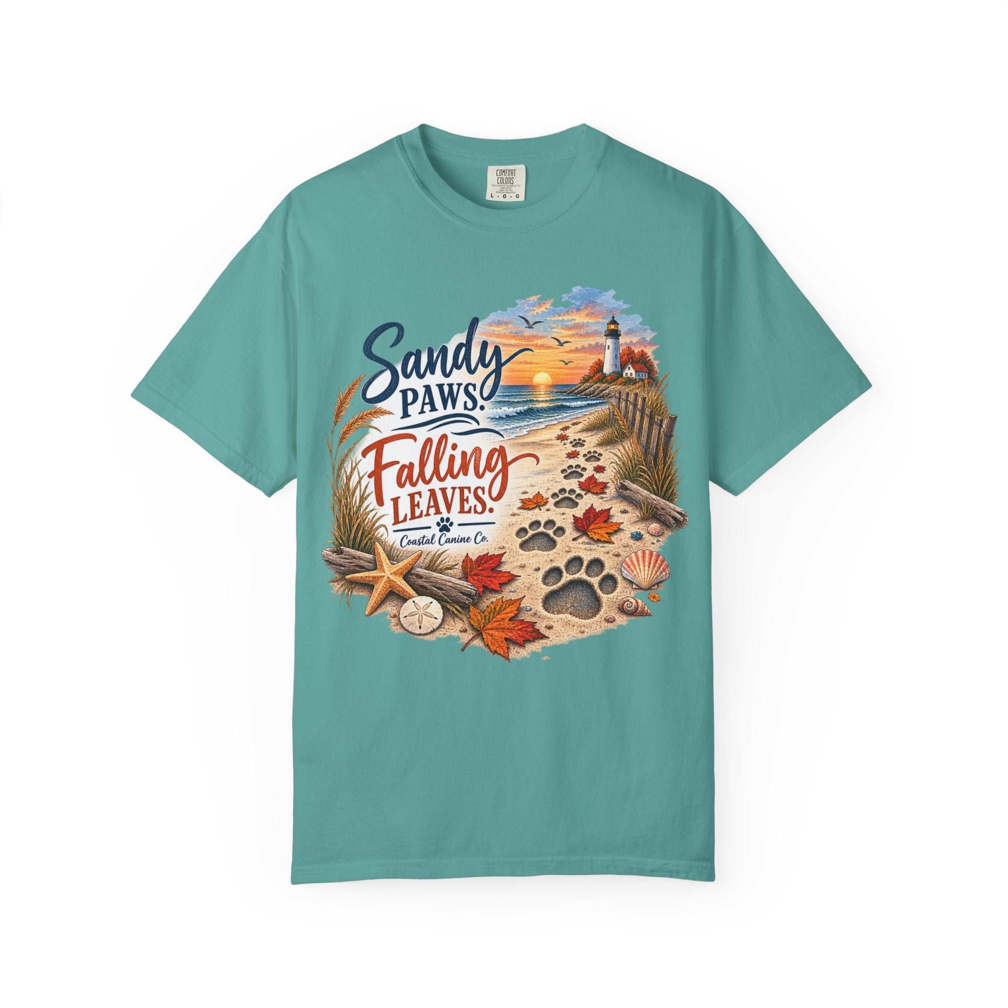 Sandy Paws Falling Leaves Beach T-Shirt — Autumn Coastal Dog Lover Tee