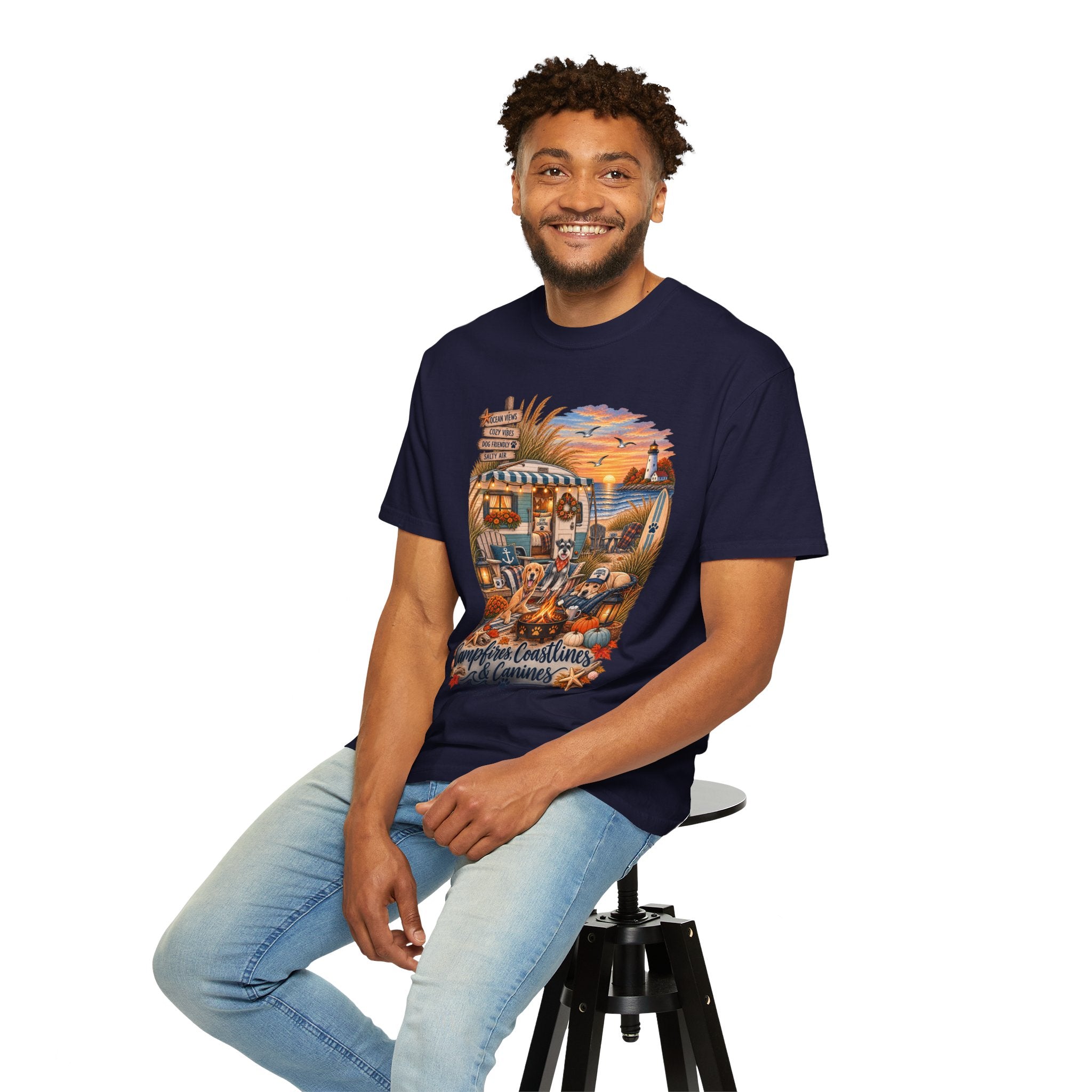 Campfires, Coastlines & Canines T-Shirt — Retro Camper Dog Camping Graphic Tee