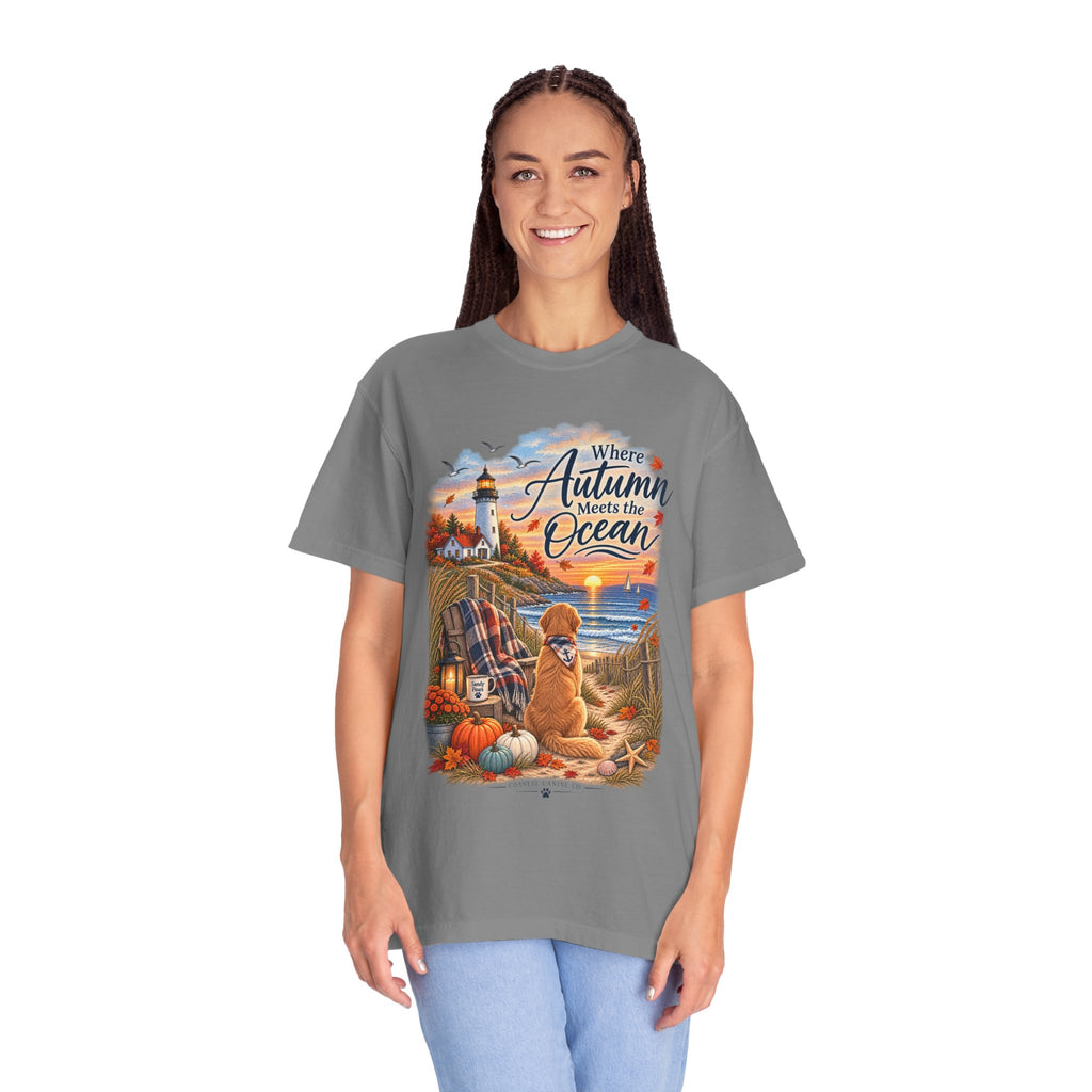 Autumn Meets the Ocean T-Shirt — Cozy Coastal Fall Tee with Golden Retriever
