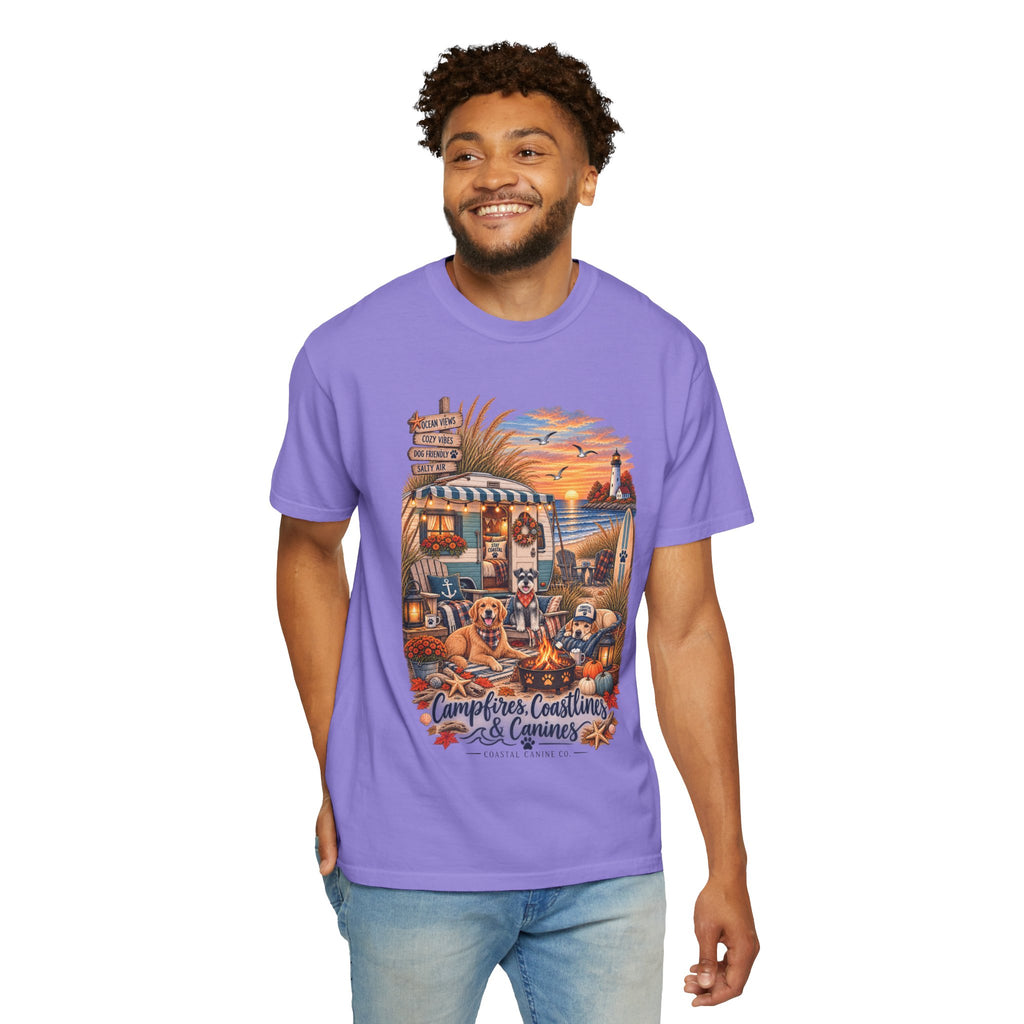 Campfires, Coastlines & Canines T-Shirt — Retro Camper Dog Camping Graphic Tee