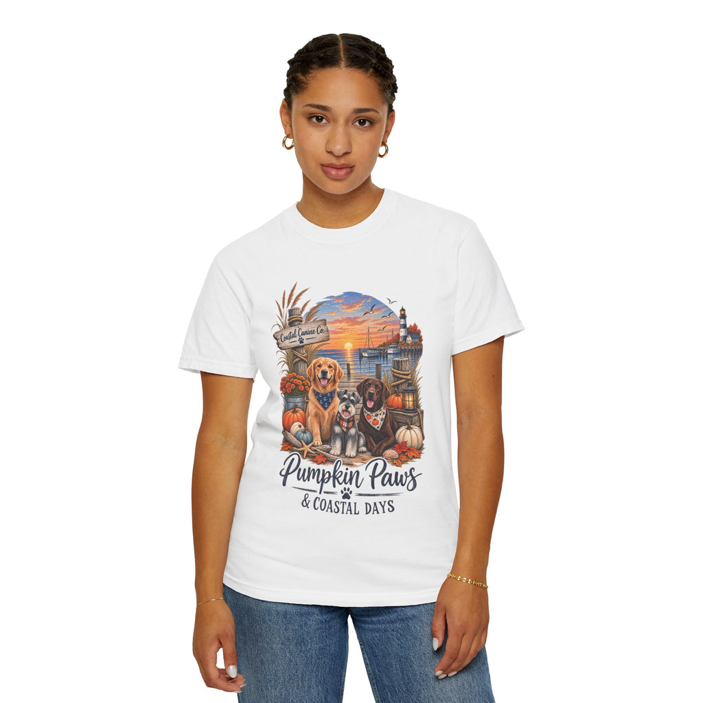 Pumpkin Paws & Coastal Days T-Shirt — Autumn Dogs by the Harbor