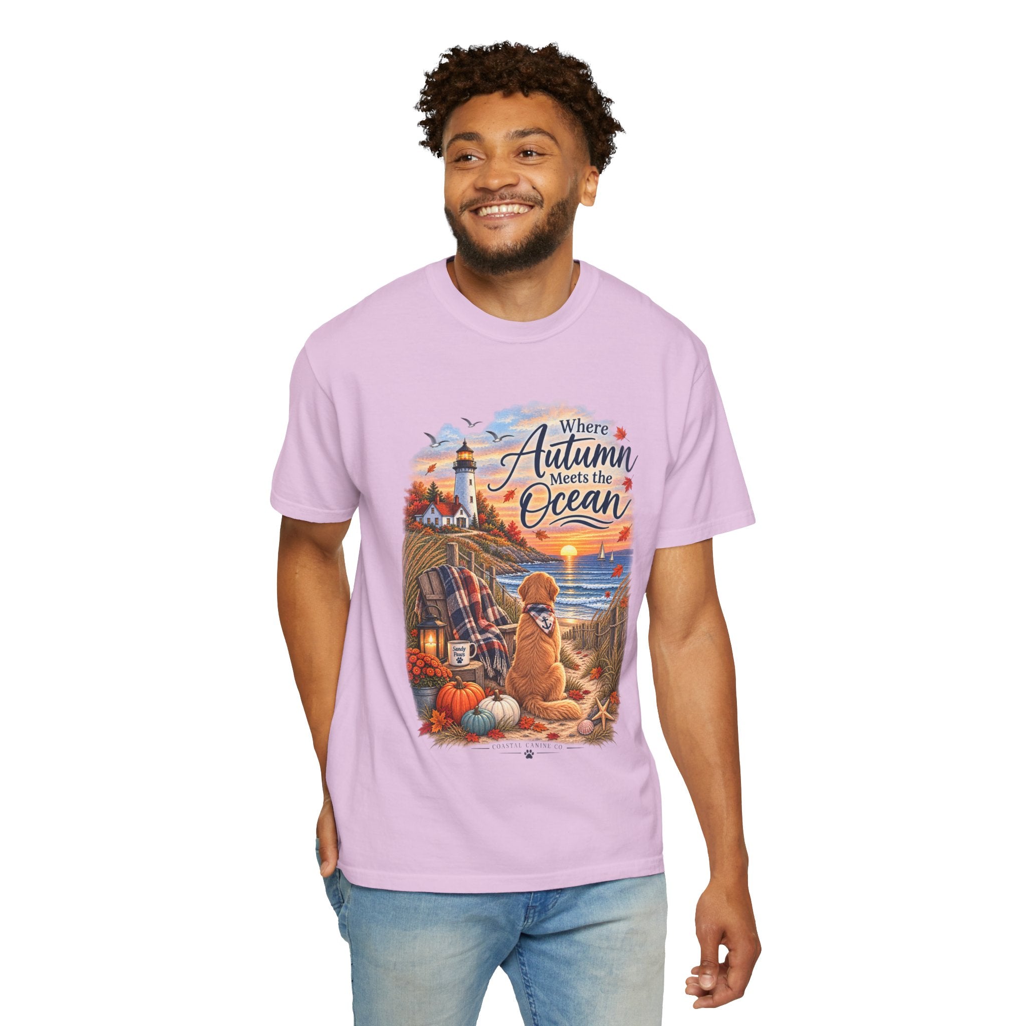 Autumn Meets the Ocean T-Shirt — Cozy Coastal Fall Tee with Golden Retriever
