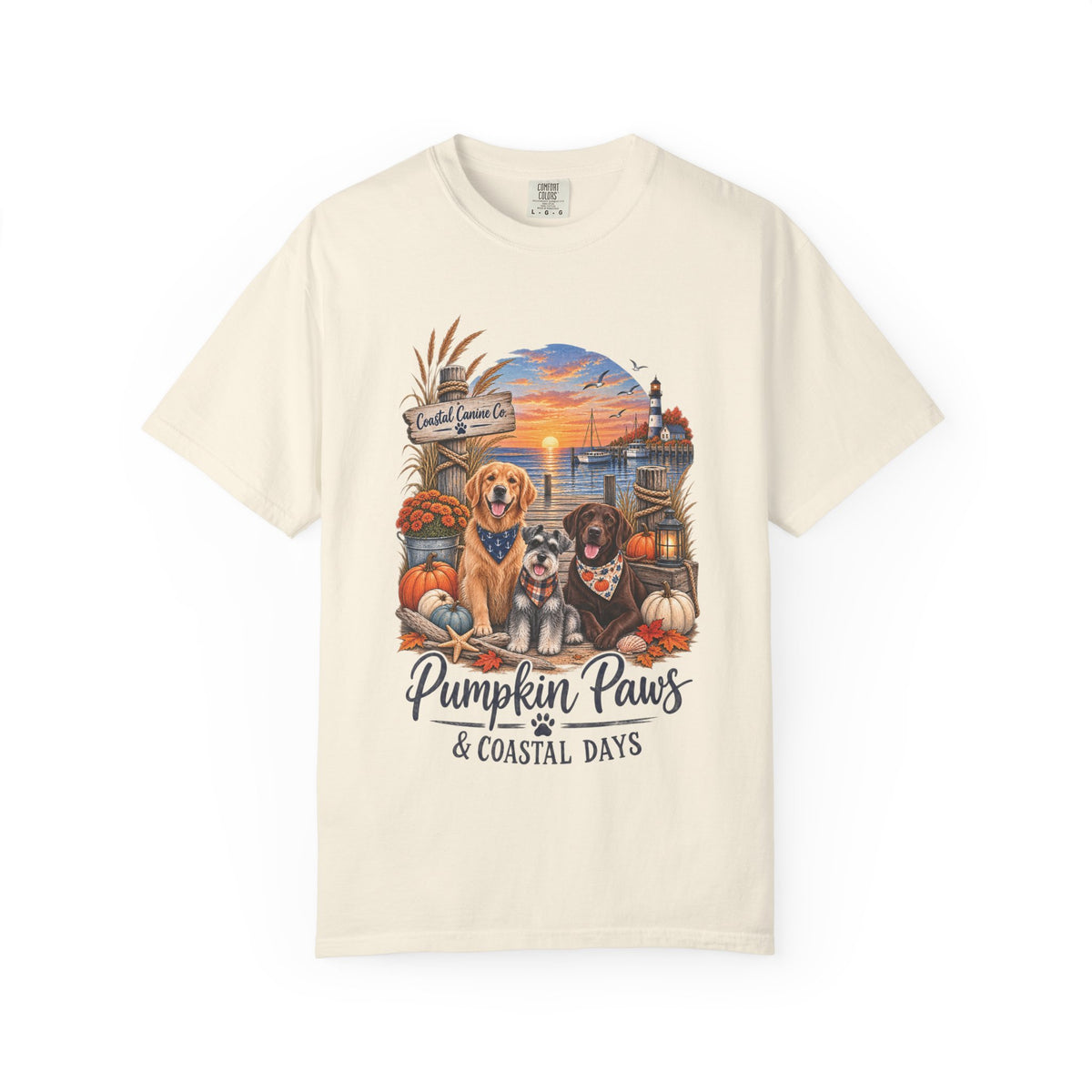 Pumpkin Paws & Coastal Days T-Shirt — Autumn Dogs by the Harbor