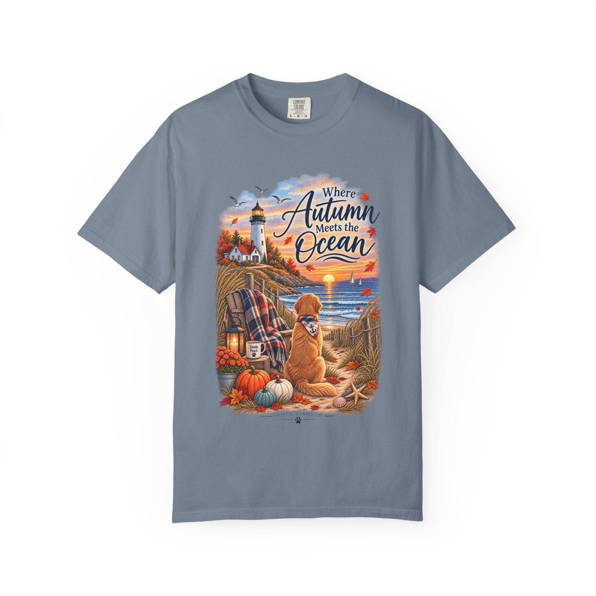 Autumn Meets the Ocean T-Shirt — Cozy Coastal Fall Tee with Golden Retriever