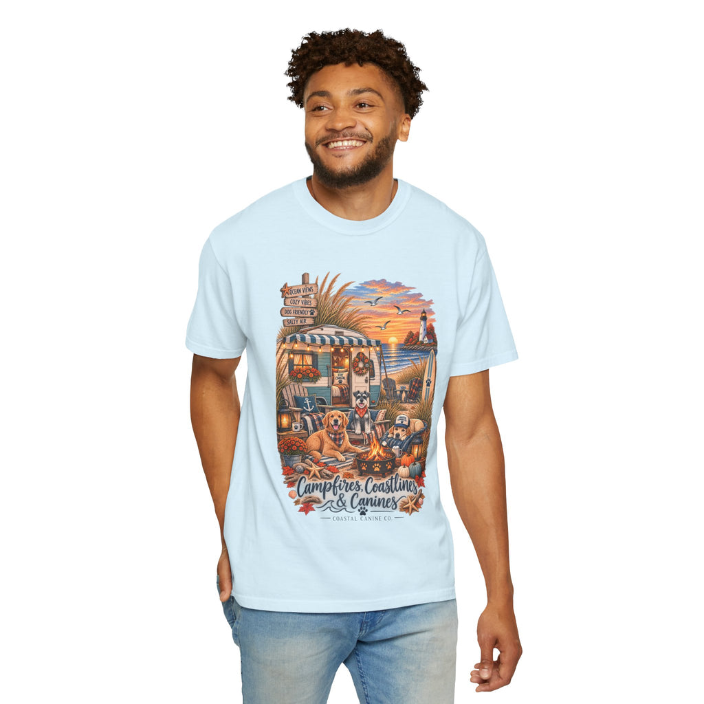 Campfires, Coastlines & Canines T-Shirt — Retro Camper Dog Camping Graphic Tee