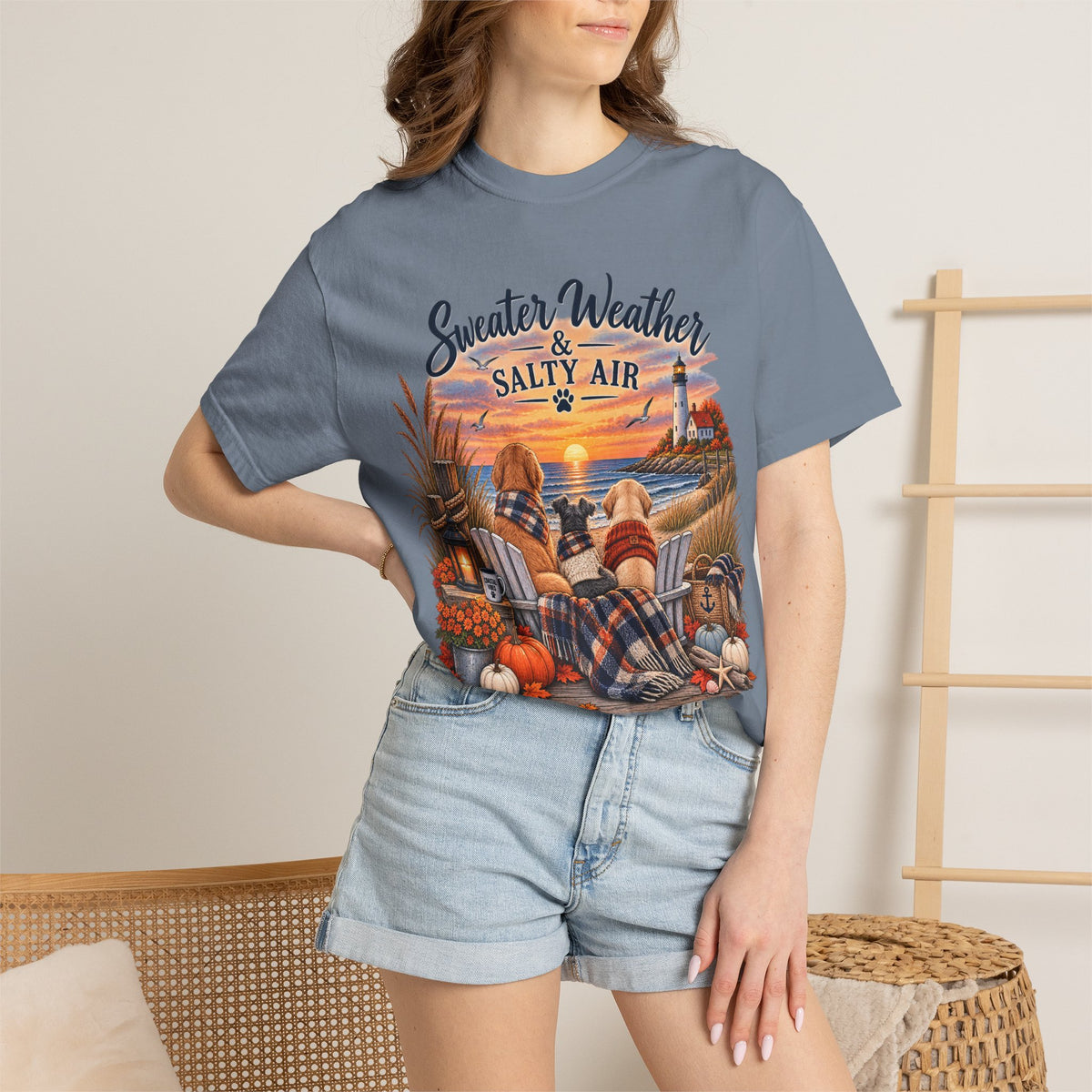 Sweater Weather & Salty Air T-Shirt — Autumn Beach Sunset Graphic Tee