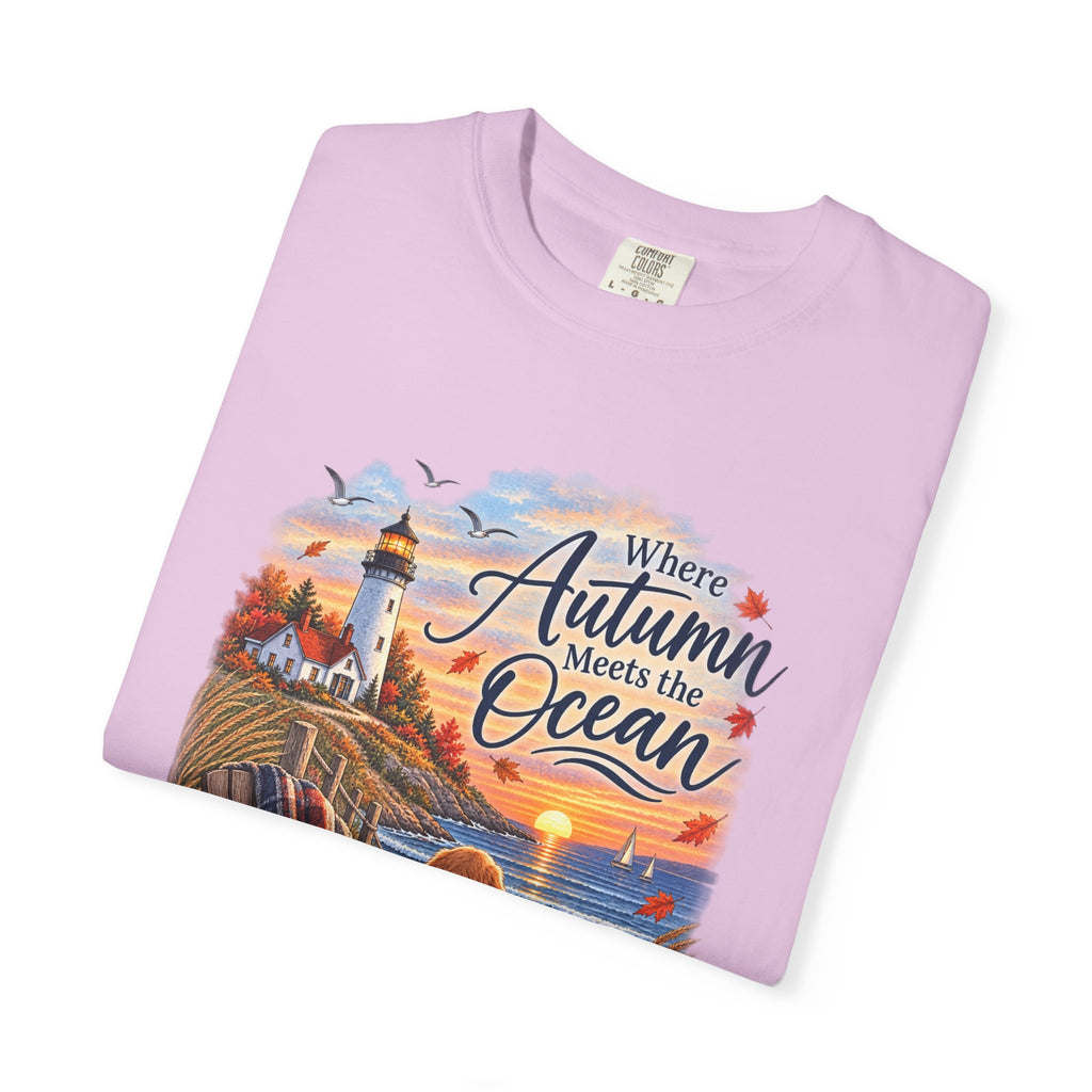 Autumn Meets the Ocean T-Shirt — Cozy Coastal Fall Tee with Golden Retriever