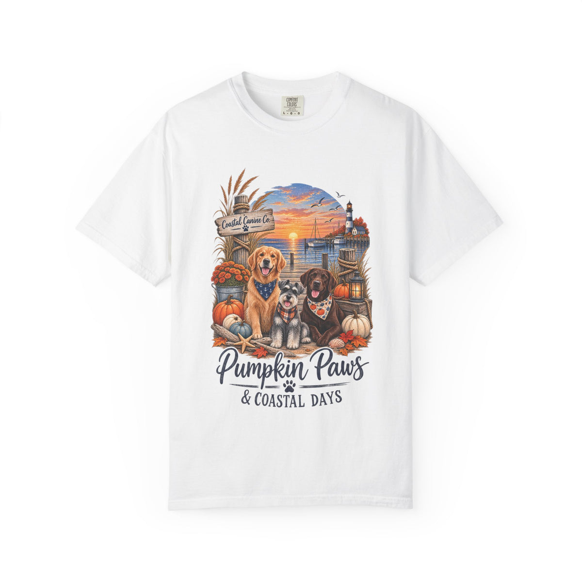 Pumpkin Paws & Coastal Days T-Shirt — Autumn Dogs by the Harbor