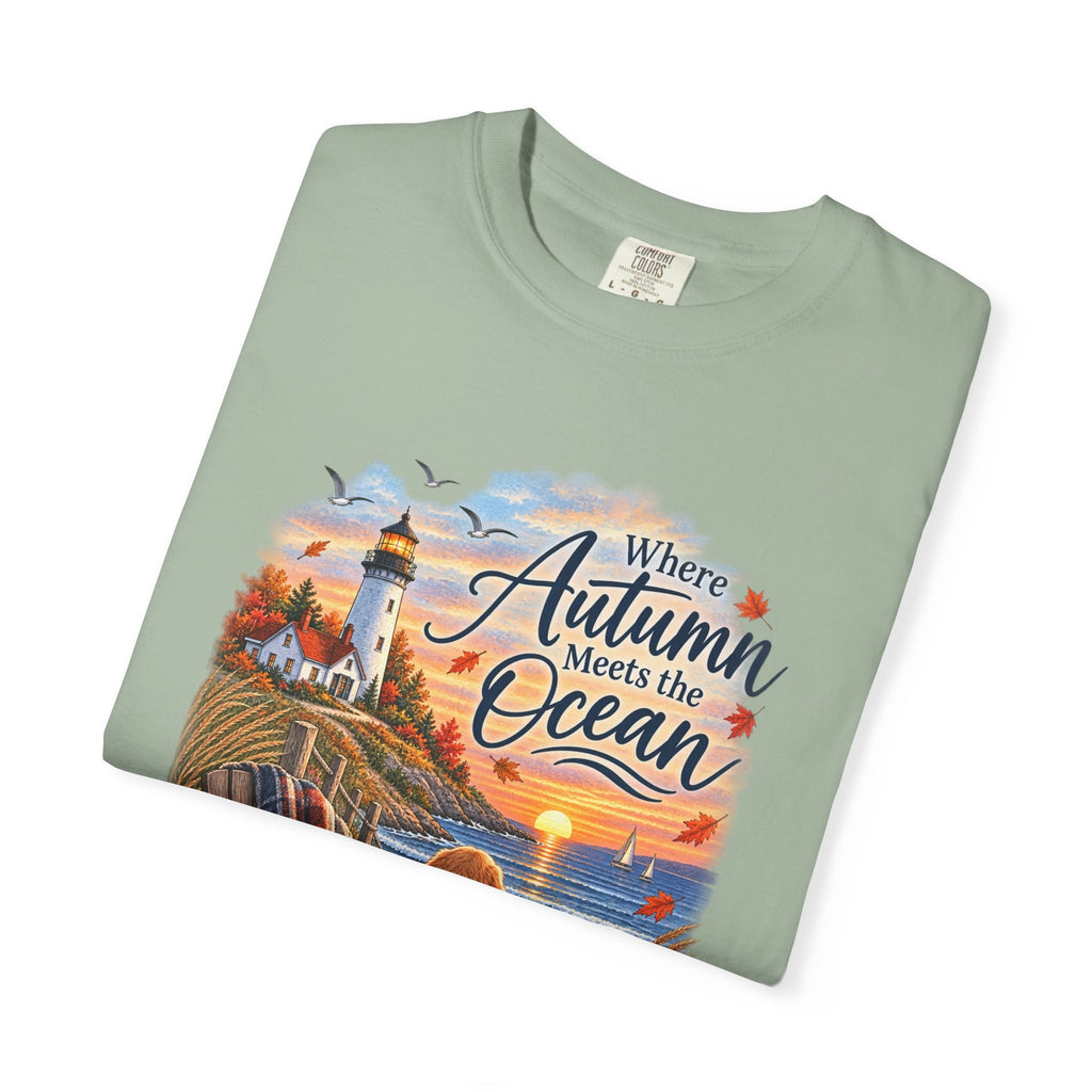 Autumn Meets the Ocean T-Shirt — Cozy Coastal Fall Tee with Golden Retriever