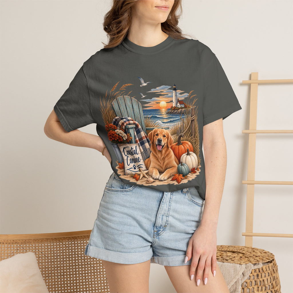 Coastal Canine Fall T-Shirt — Lighthouse, Labrador & Pumpkin Beach Tee
