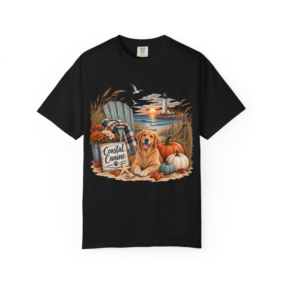 Coastal Canine Fall T-Shirt — Lighthouse, Labrador & Pumpkin Beach Tee