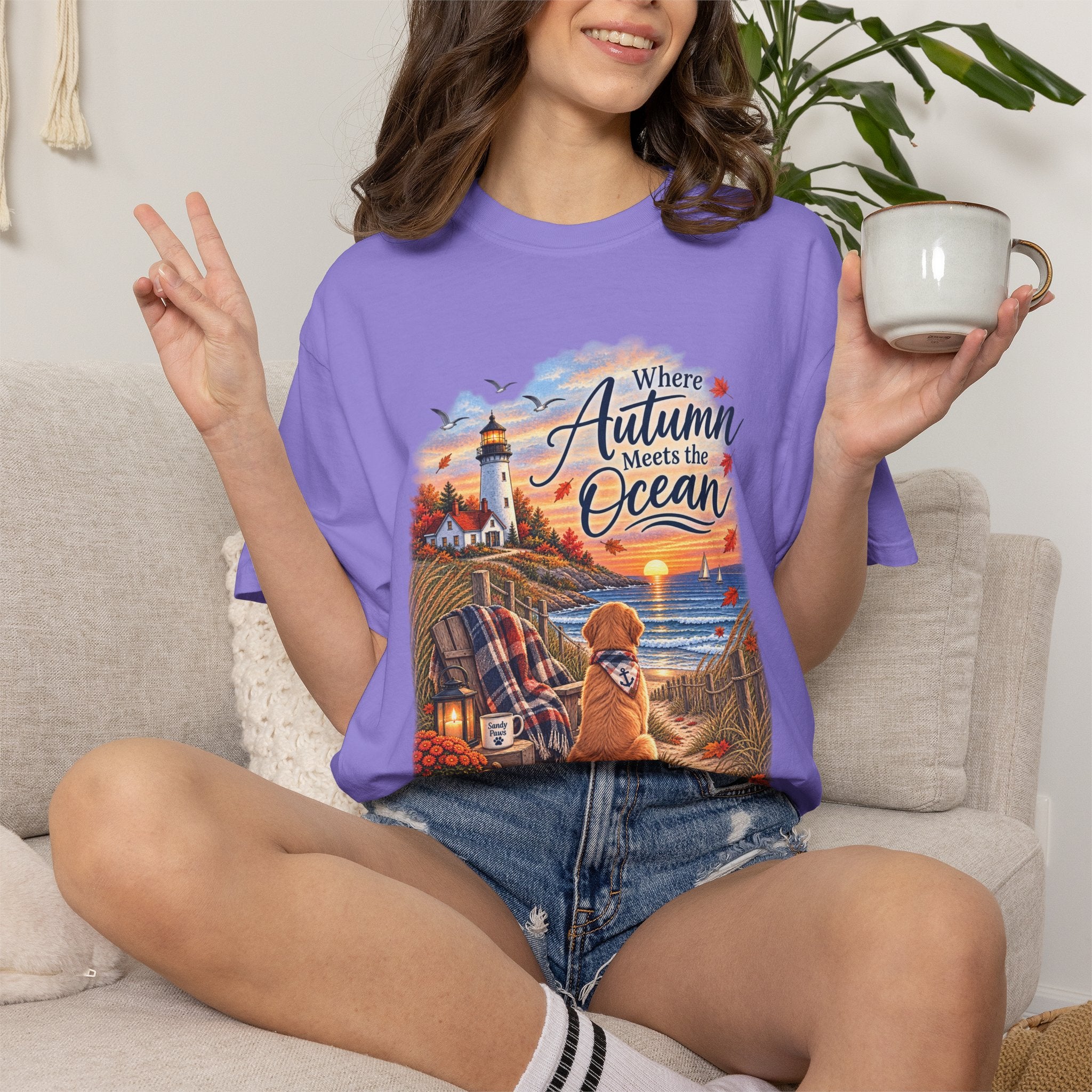 Autumn Meets the Ocean T-Shirt — Cozy Coastal Fall Tee with Golden Retriever