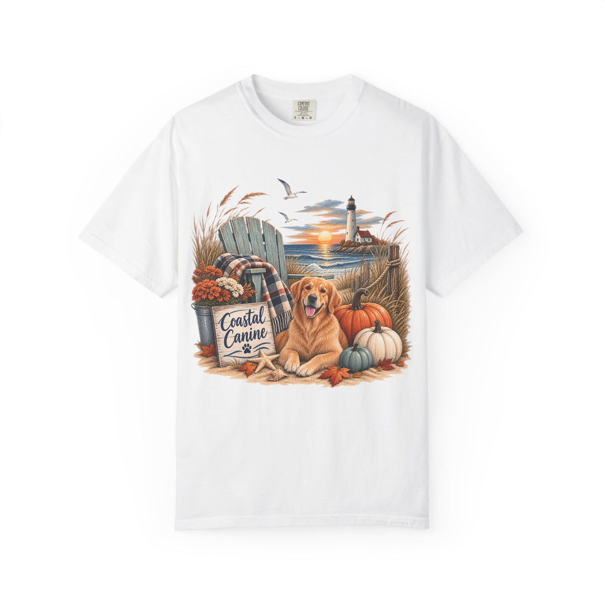 Coastal Canine Fall T-Shirt — Lighthouse, Labrador & Pumpkin Beach Tee