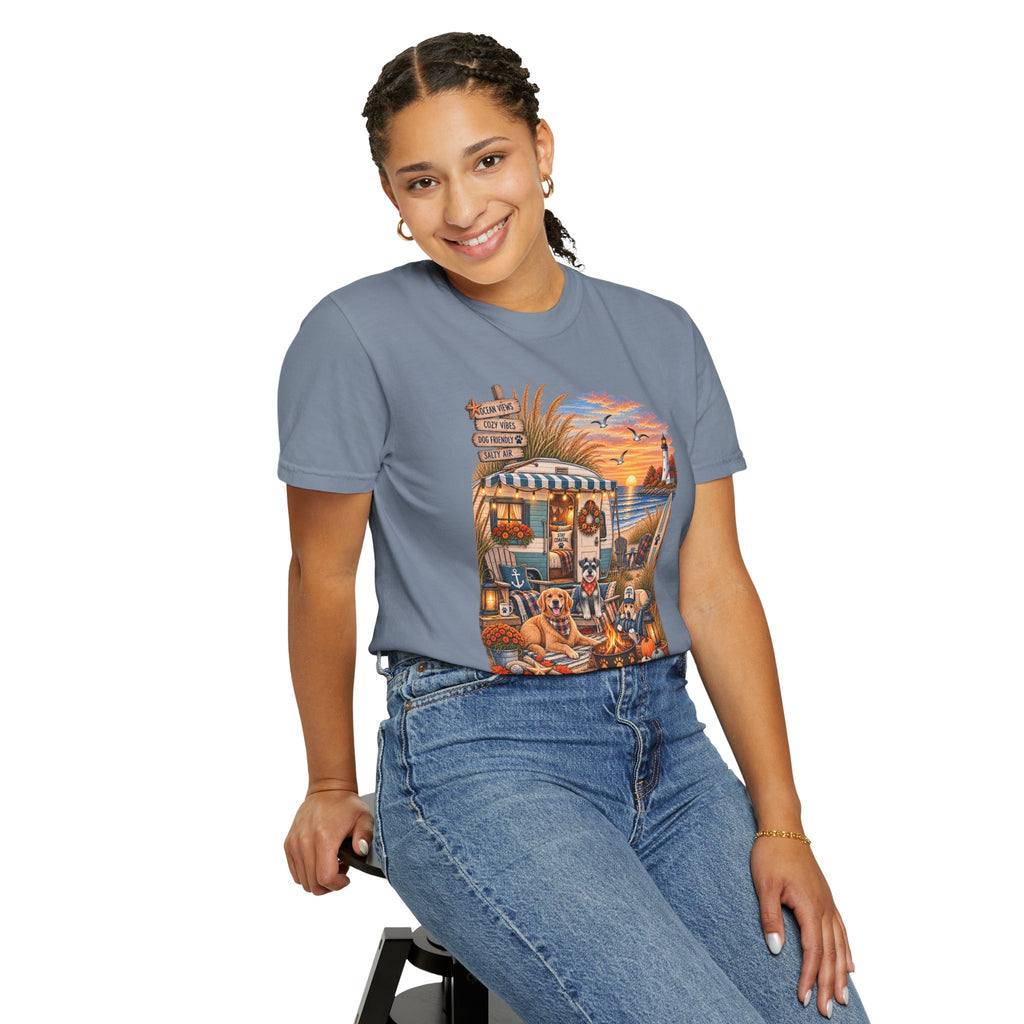 Campfires, Coastlines & Canines T-Shirt — Retro Camper Dog Camping Graphic Tee