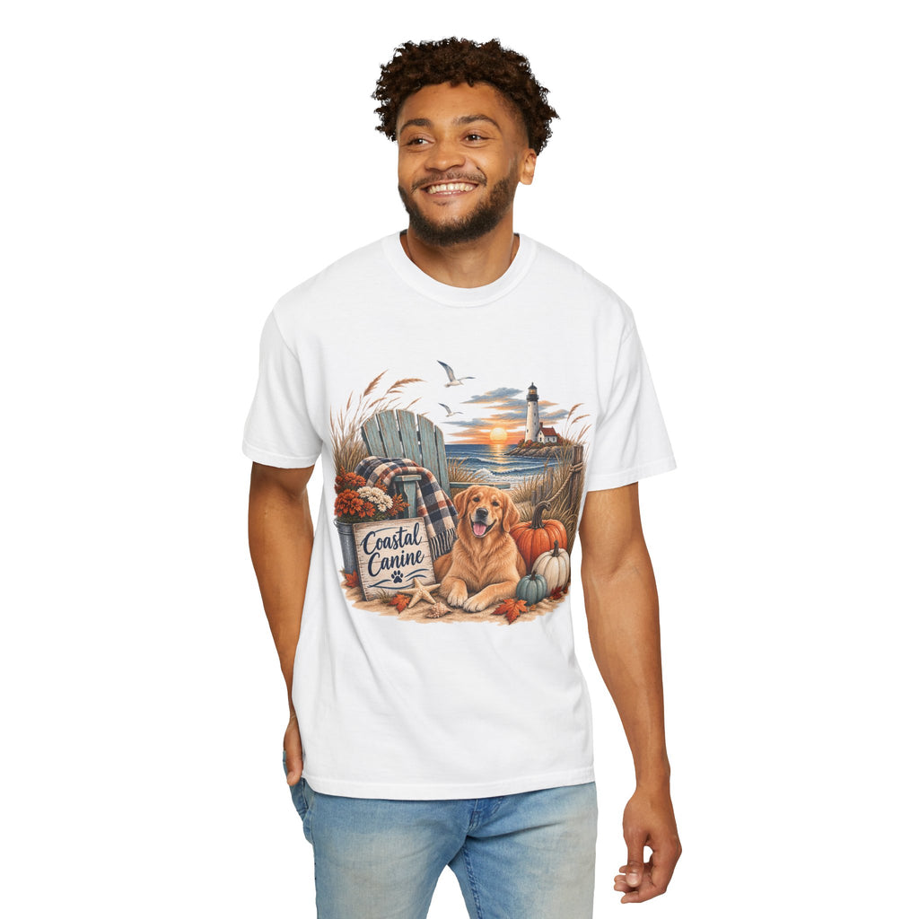 Coastal Canine Fall T-Shirt — Lighthouse, Labrador & Pumpkin Beach Tee