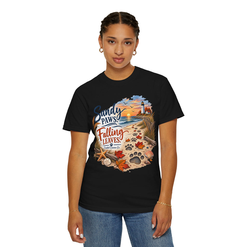 Sandy Paws Falling Leaves Beach T-Shirt — Autumn Coastal Dog Lover Tee
