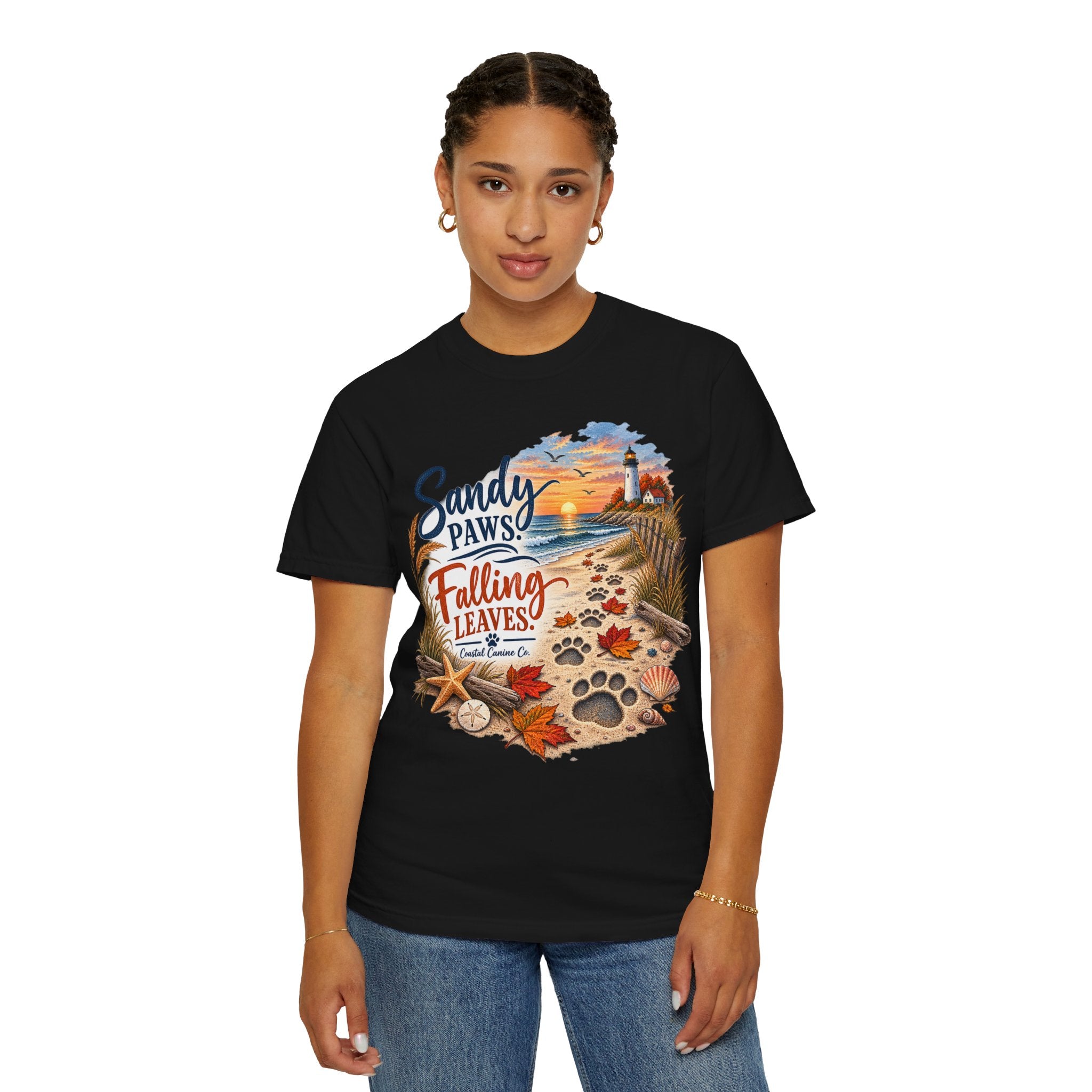 Sandy Paws Falling Leaves Beach T-Shirt — Autumn Coastal Dog Lover Tee
