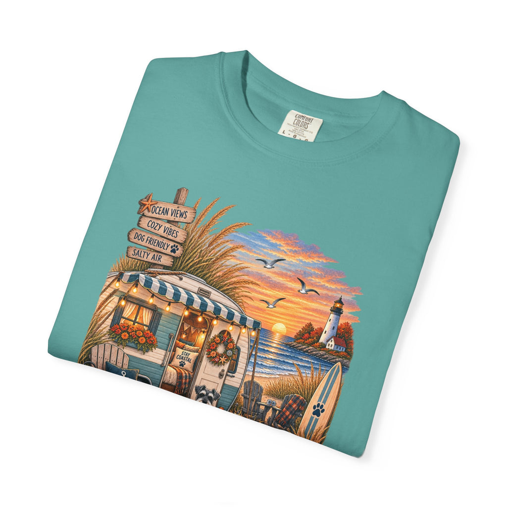 Campfires, Coastlines & Canines T-Shirt — Retro Camper Dog Camping Graphic Tee