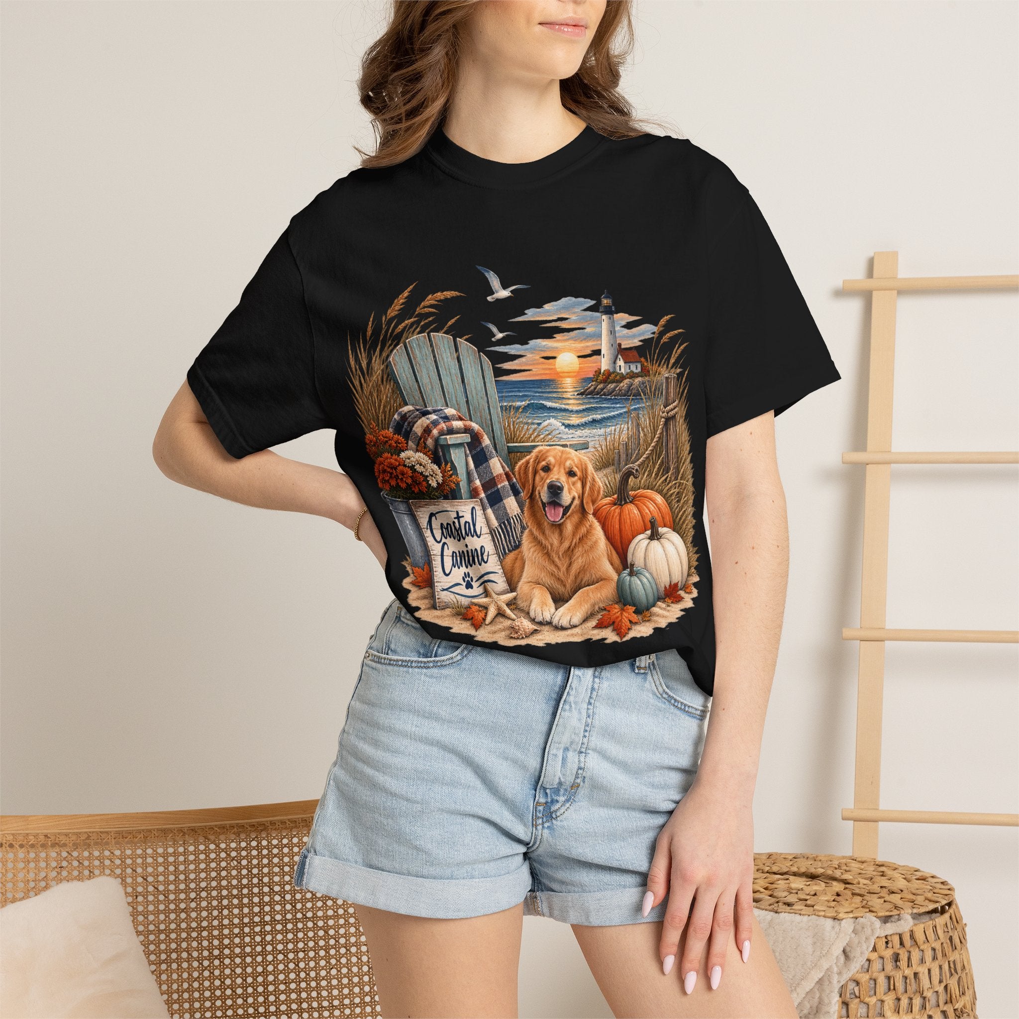 Coastal Canine Fall T-Shirt — Lighthouse, Labrador & Pumpkin Beach Tee