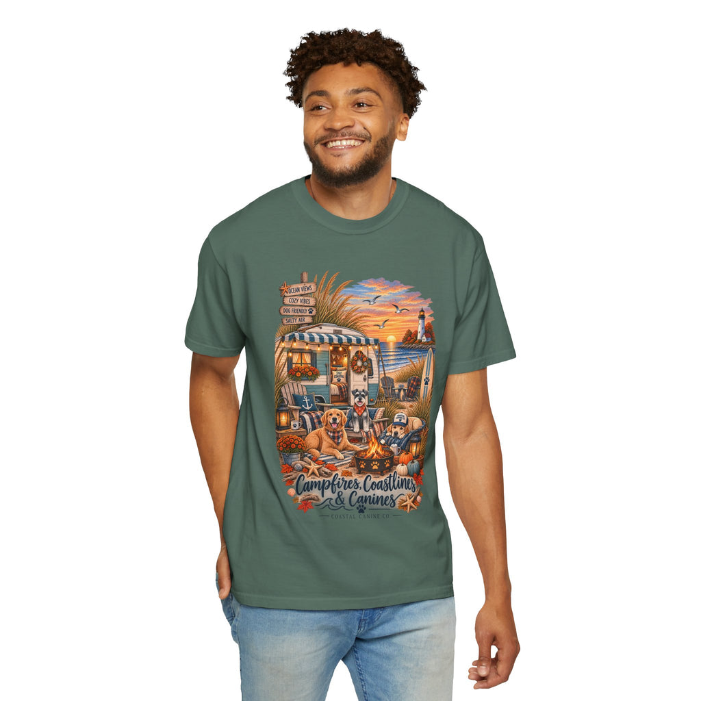 Campfires, Coastlines & Canines T-Shirt — Retro Camper Dog Camping Graphic Tee