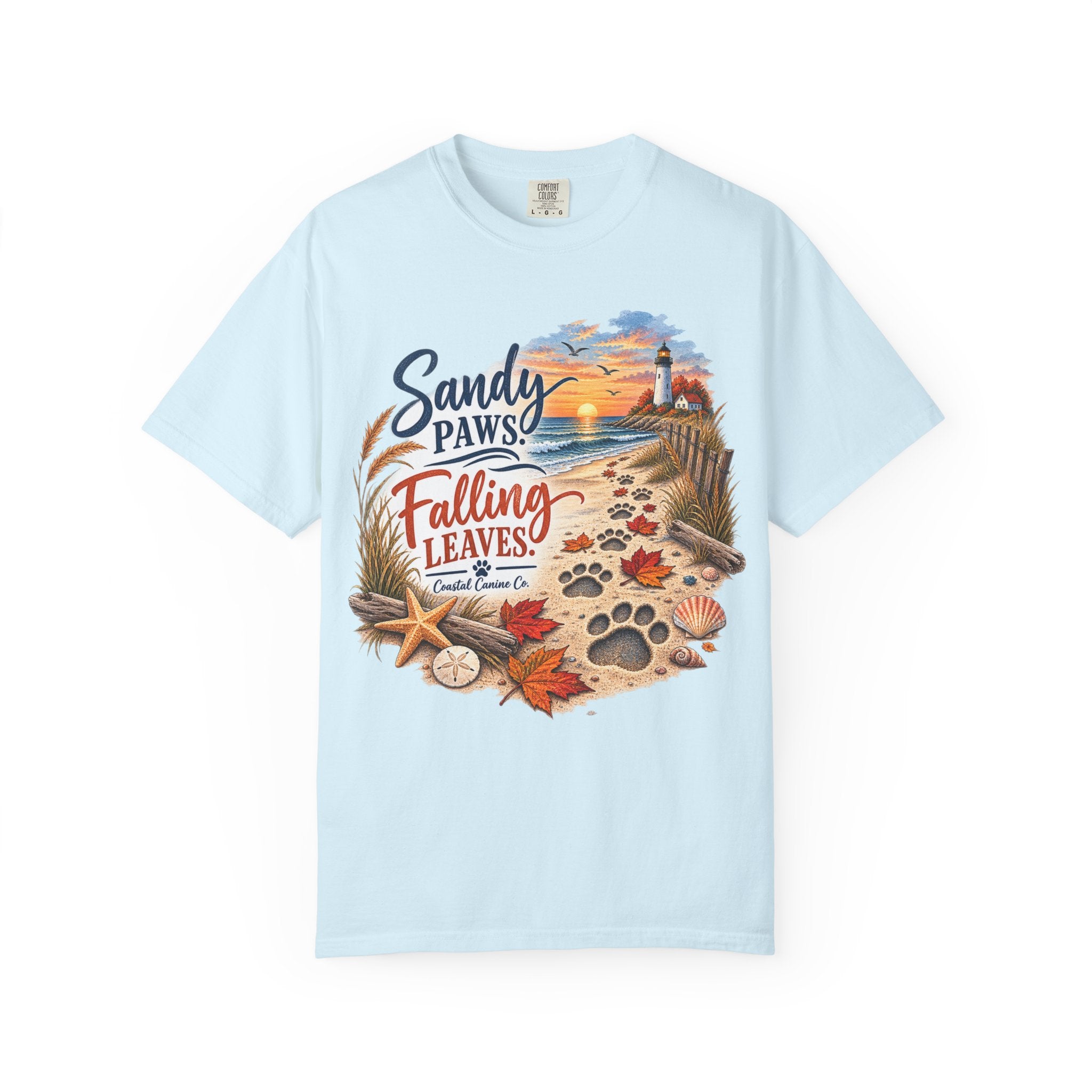 Sandy Paws Falling Leaves Beach T-Shirt — Autumn Coastal Dog Lover Tee