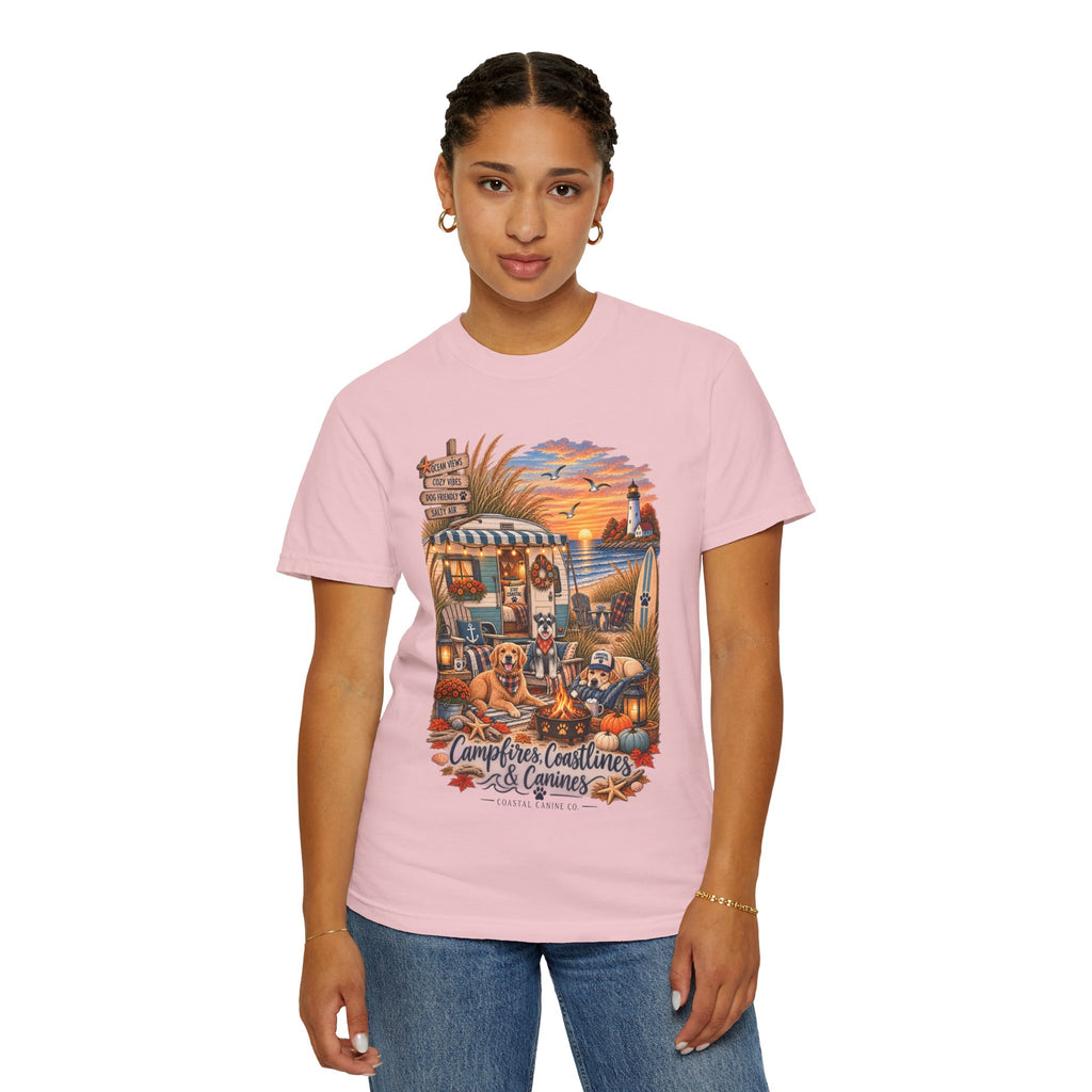 Campfires, Coastlines & Canines T-Shirt — Retro Camper Dog Camping Graphic Tee