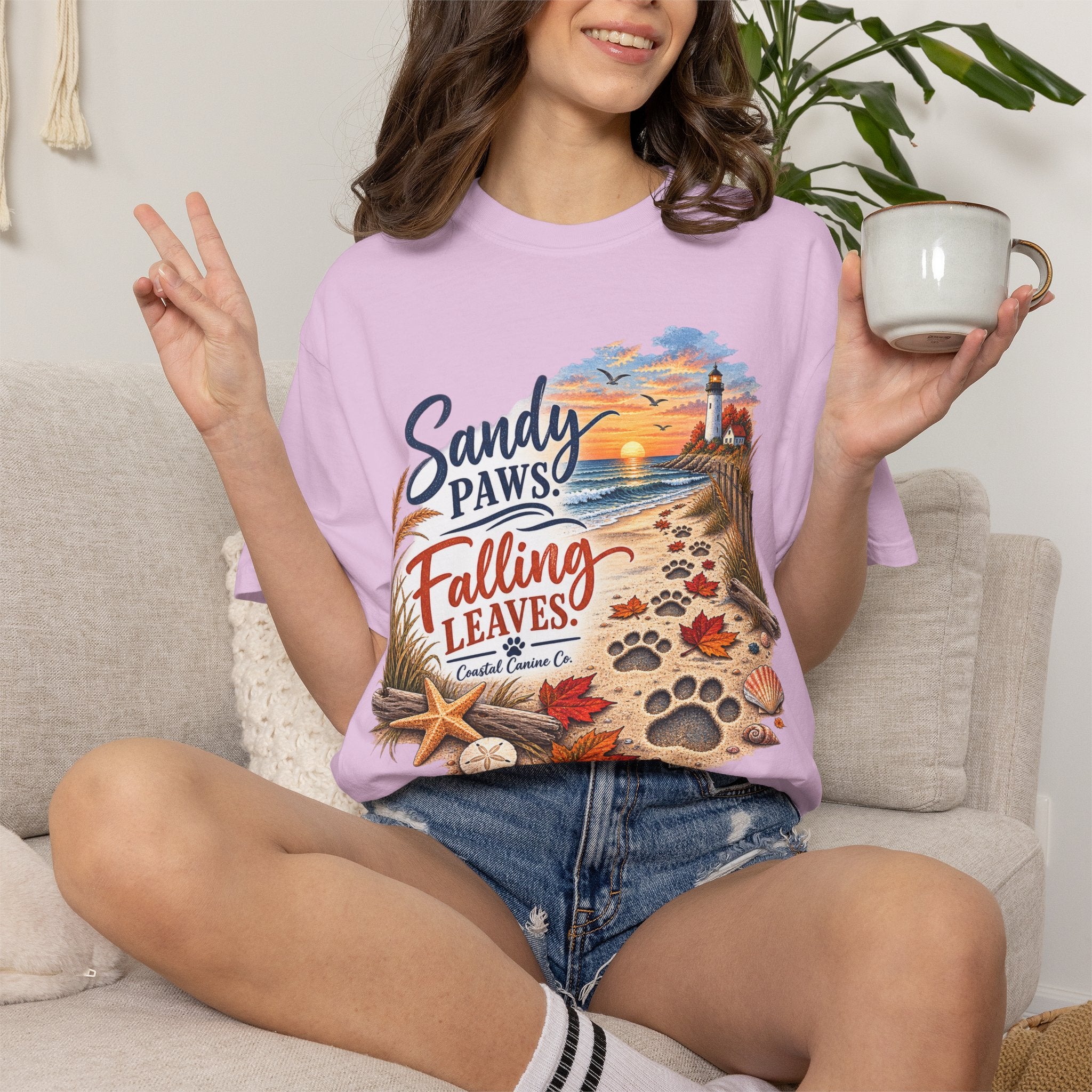 Sandy Paws Falling Leaves Beach T-Shirt — Autumn Coastal Dog Lover Tee