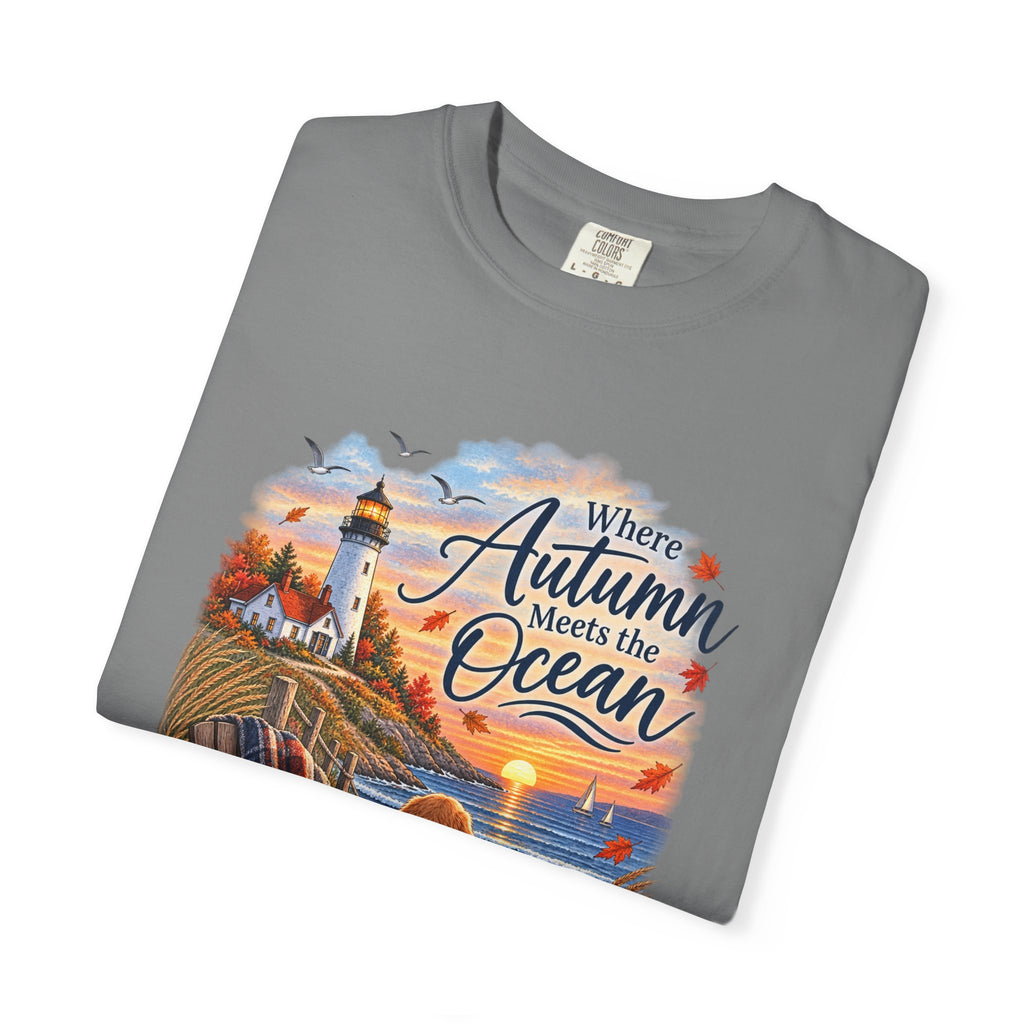Autumn Meets the Ocean T-Shirt — Cozy Coastal Fall Tee with Golden Retriever