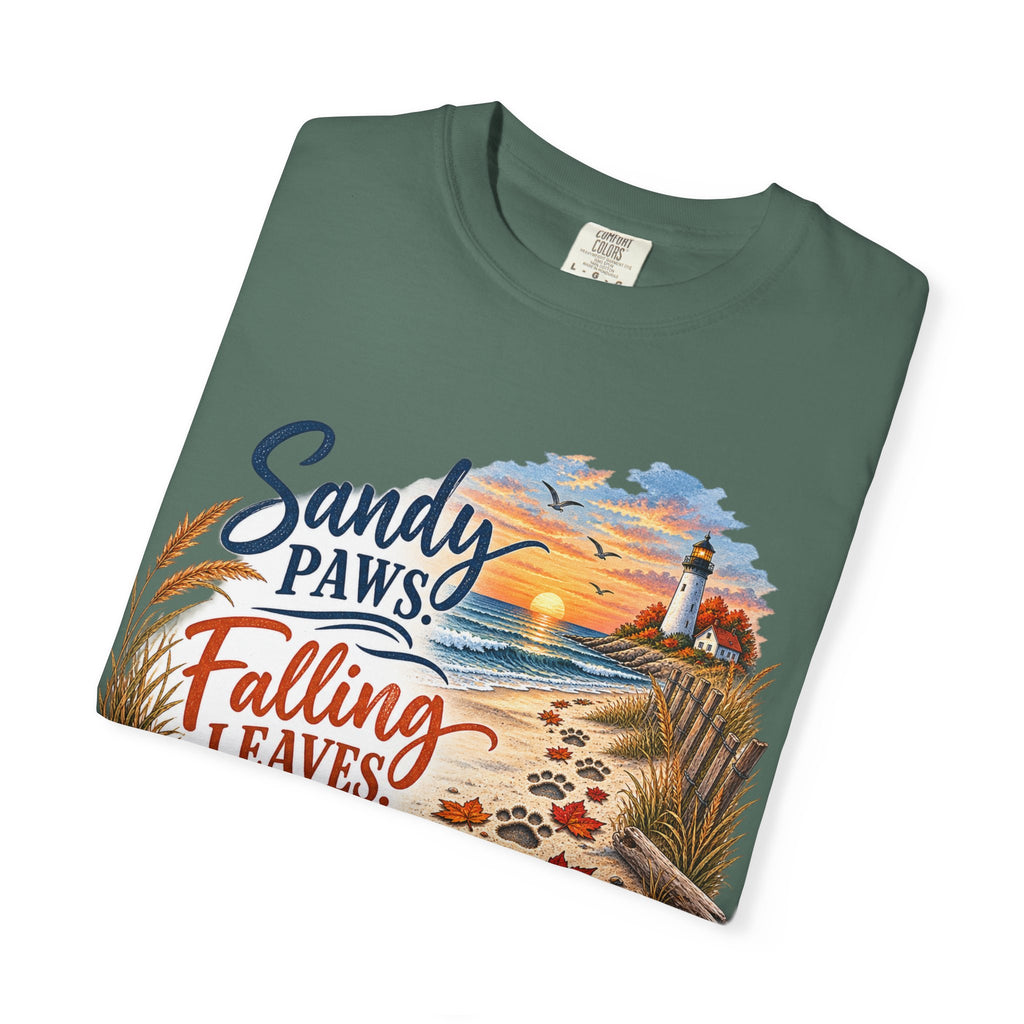 Sandy Paws Falling Leaves Beach T-Shirt — Autumn Coastal Dog Lover Tee