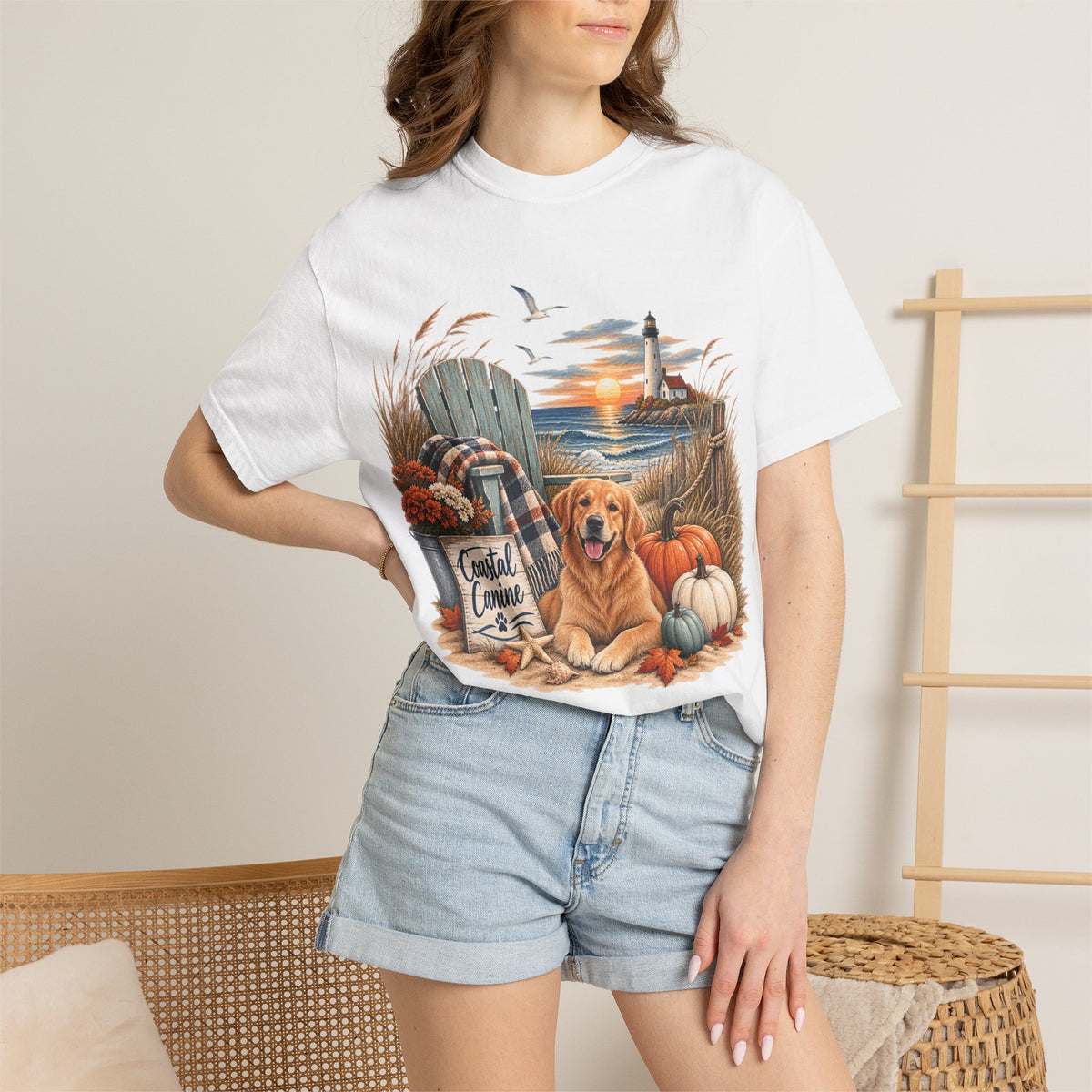 Coastal Canine Fall T-Shirt — Lighthouse, Labrador & Pumpkin Beach Tee