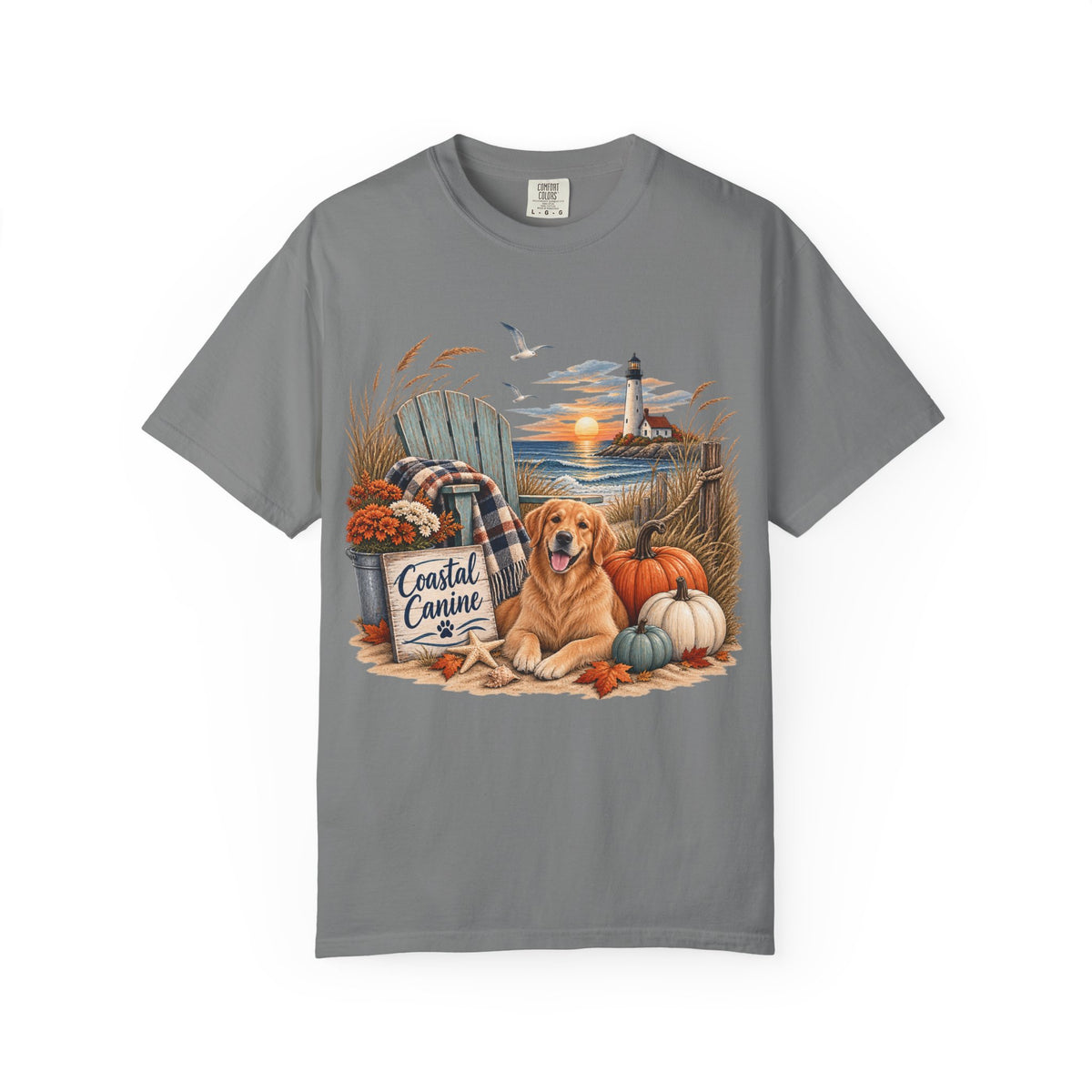 Coastal Canine Fall T-Shirt — Lighthouse, Labrador & Pumpkin Beach Tee