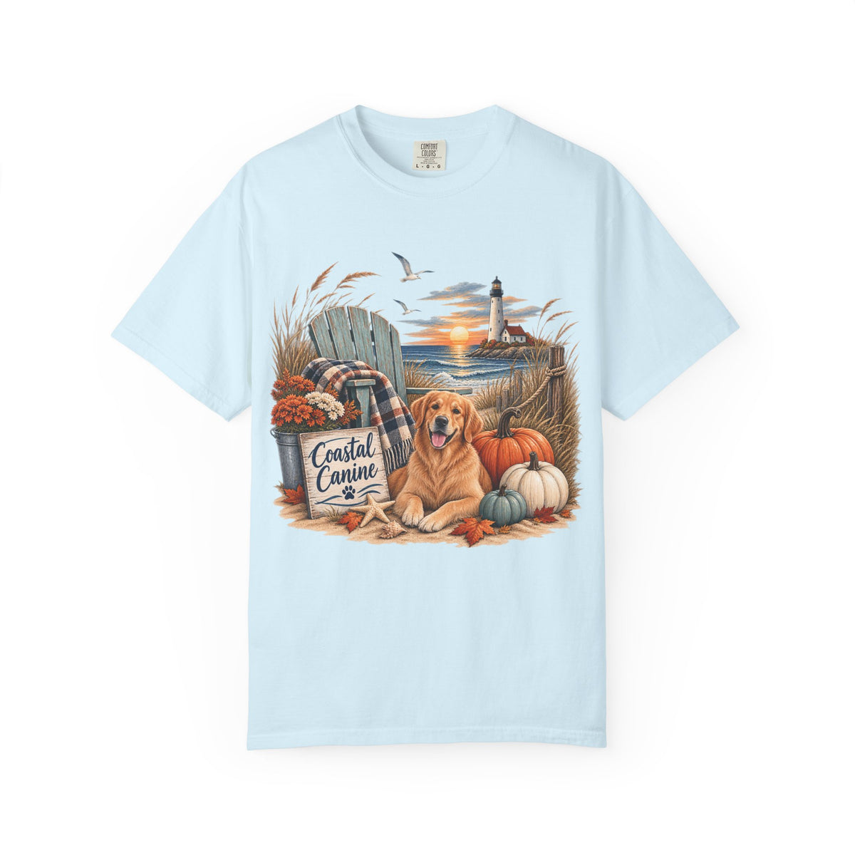 Coastal Canine Fall T-Shirt — Lighthouse, Labrador & Pumpkin Beach Tee