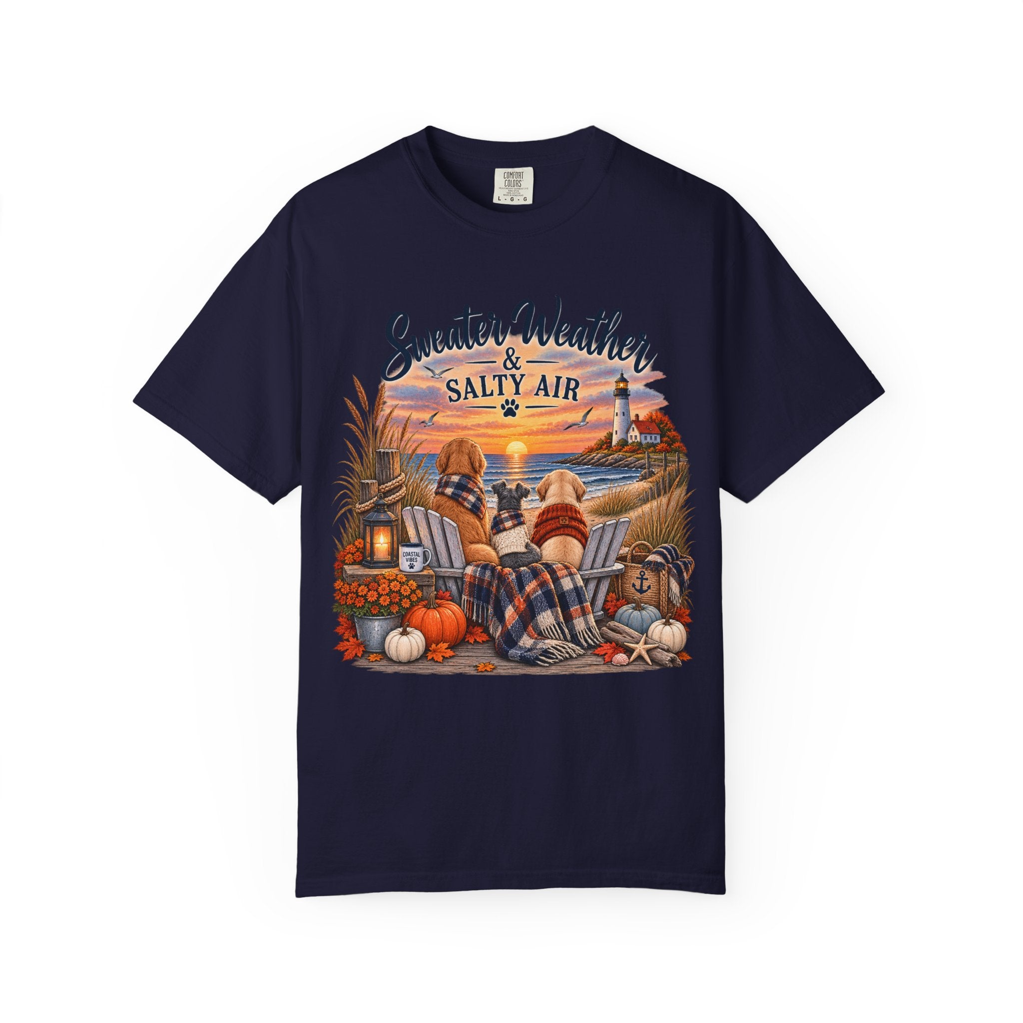 Sweater Weather & Salty Air T-Shirt — Autumn Beach Sunset Graphic Tee