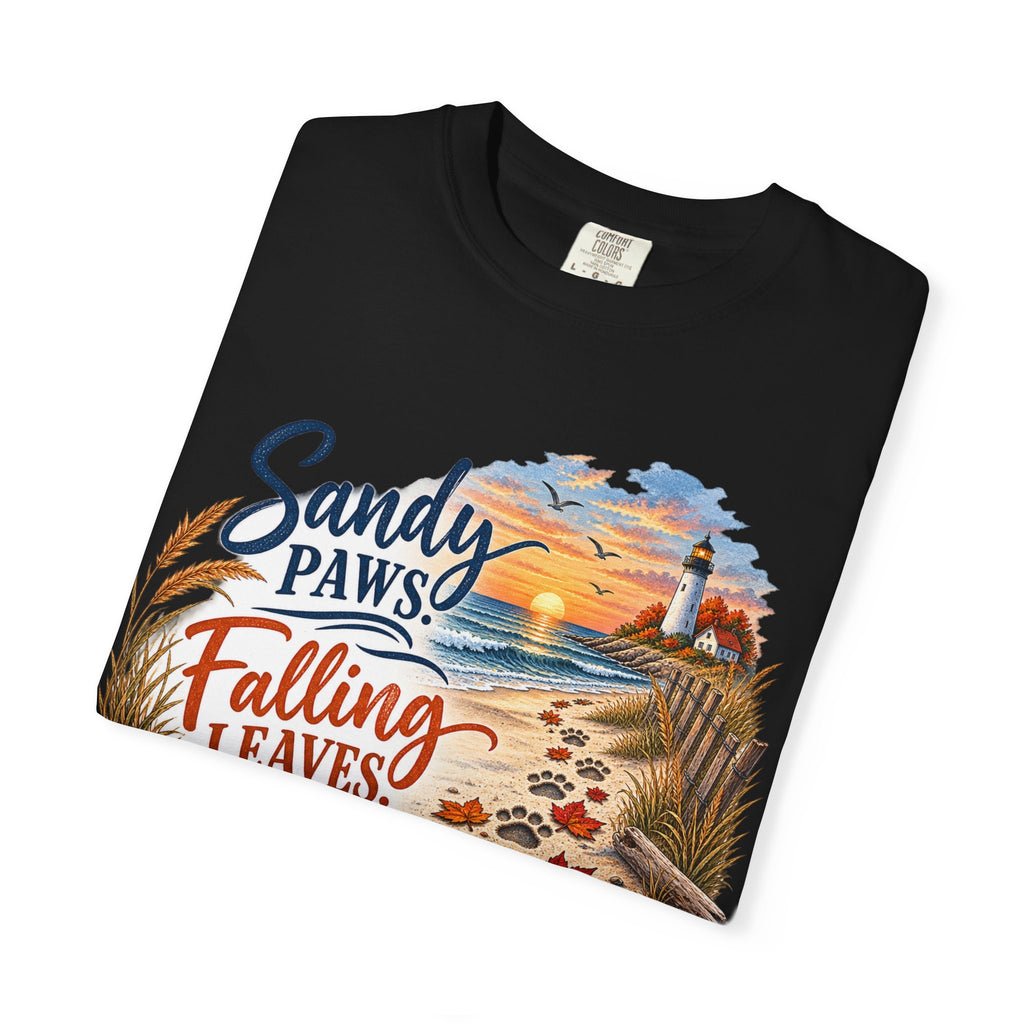 Sandy Paws Falling Leaves Beach T-Shirt — Autumn Coastal Dog Lover Tee