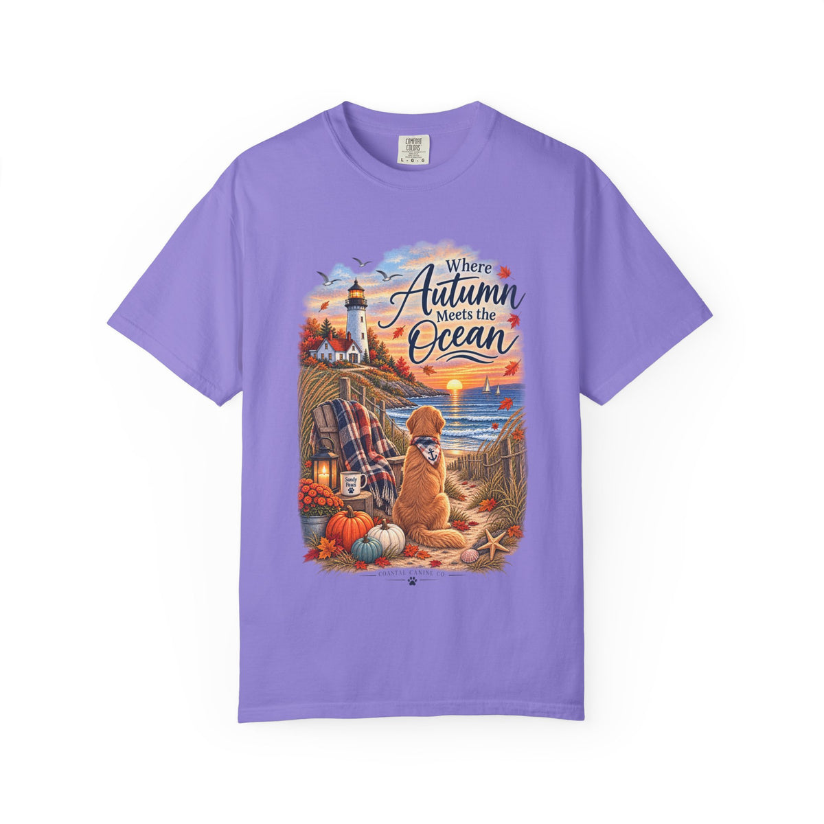 Autumn Meets the Ocean T-Shirt — Cozy Coastal Fall Tee with Golden Retriever