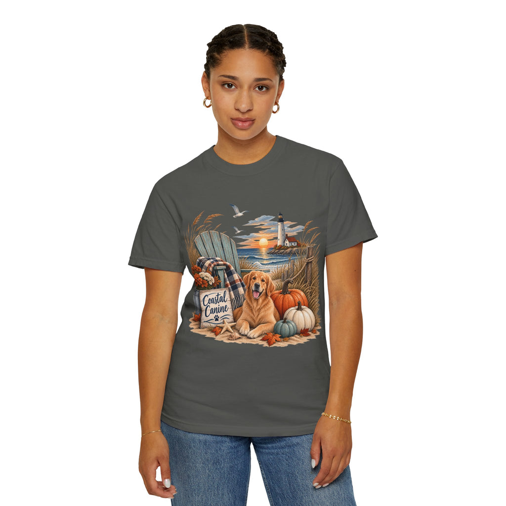 Coastal Canine Fall T-Shirt — Lighthouse, Labrador & Pumpkin Beach Tee