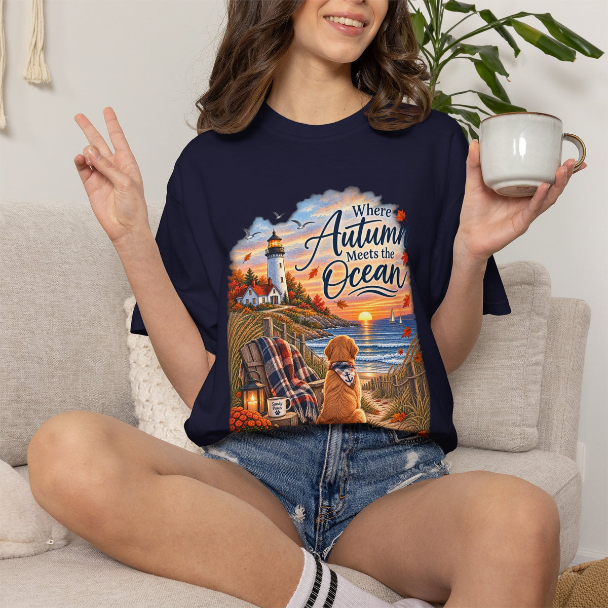 Autumn Meets the Ocean T-Shirt — Cozy Coastal Fall Tee with Golden Retriever