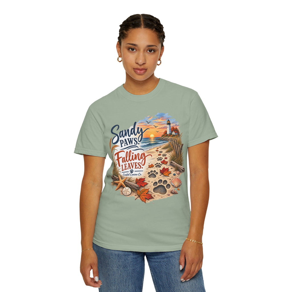 Sandy Paws Falling Leaves Beach T-Shirt — Autumn Coastal Dog Lover Tee