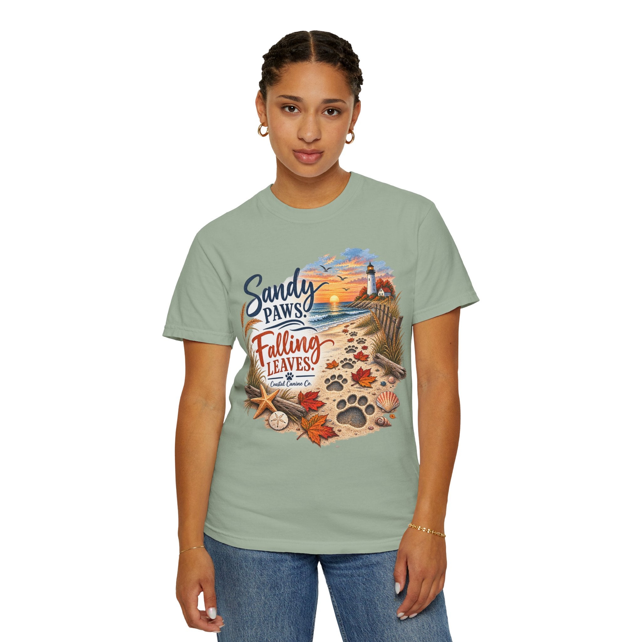 Sandy Paws Falling Leaves Beach T-Shirt — Autumn Coastal Dog Lover Tee