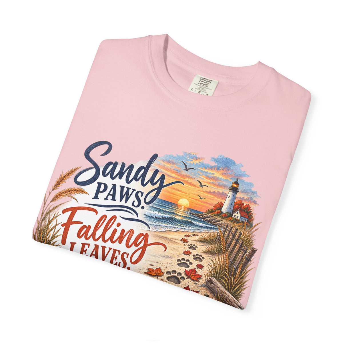 Sandy Paws Falling Leaves Beach T-Shirt — Autumn Coastal Dog Lover Tee