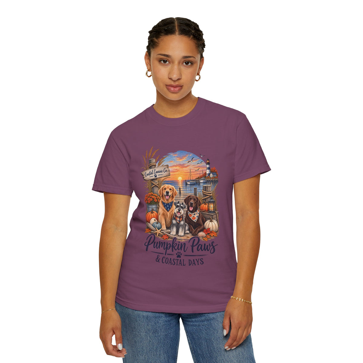 Pumpkin Paws & Coastal Days T-Shirt — Autumn Dogs by the Harbor