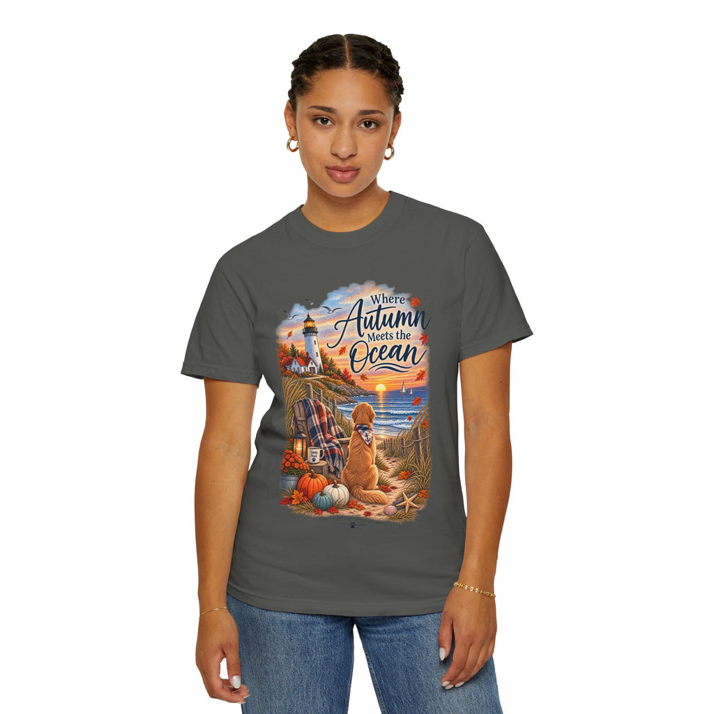 Autumn Meets the Ocean T-Shirt — Cozy Coastal Fall Tee with Golden Retriever