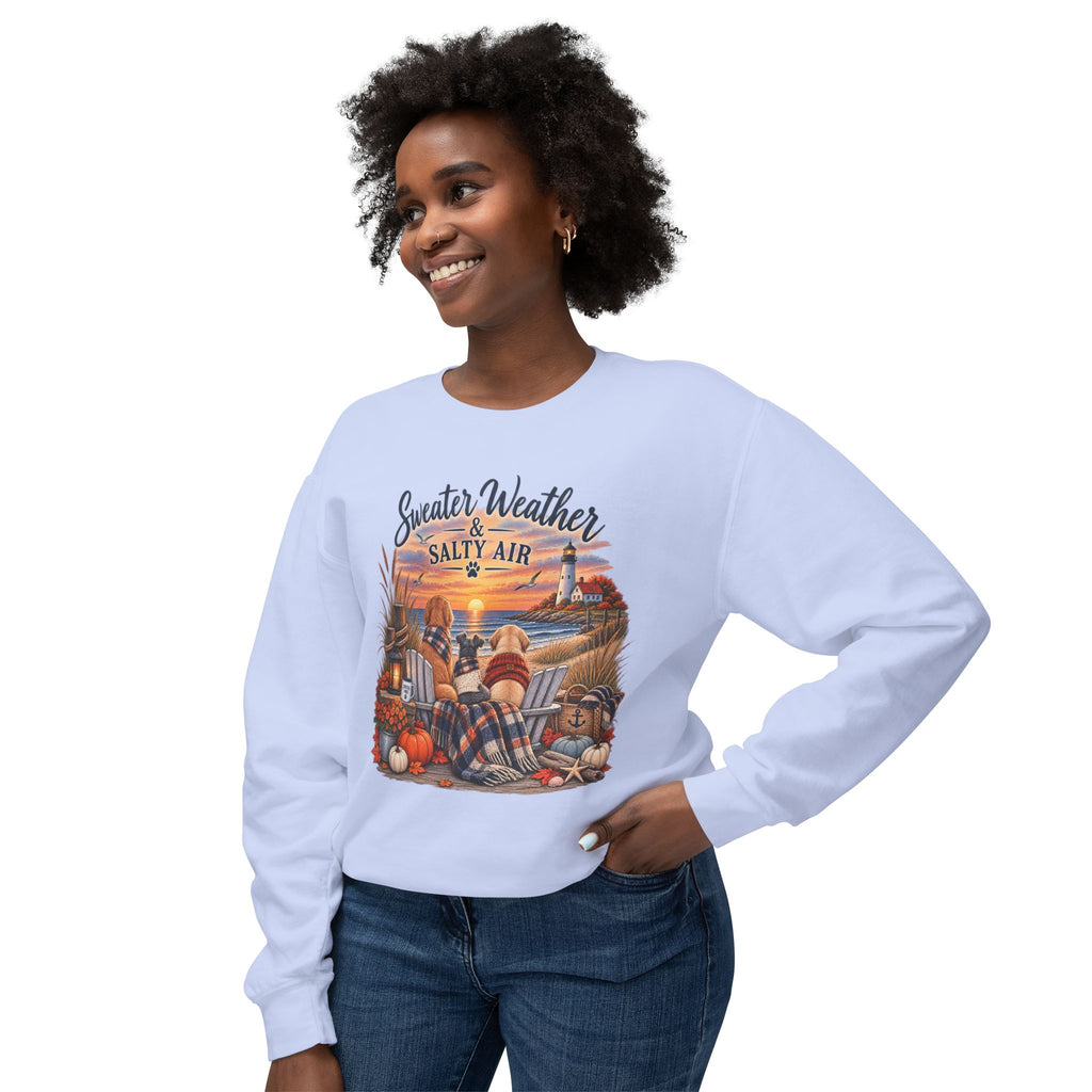 Sweater Weather & Salty Air Crewneck Sweatshirt — Coastal Fall Sunset Design