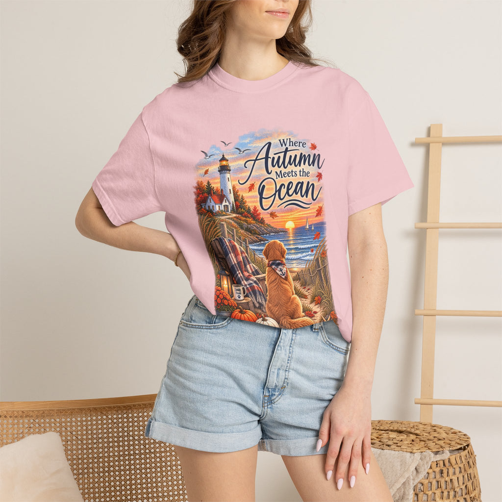 Autumn Meets the Ocean T-Shirt — Cozy Coastal Fall Tee with Golden Retriever