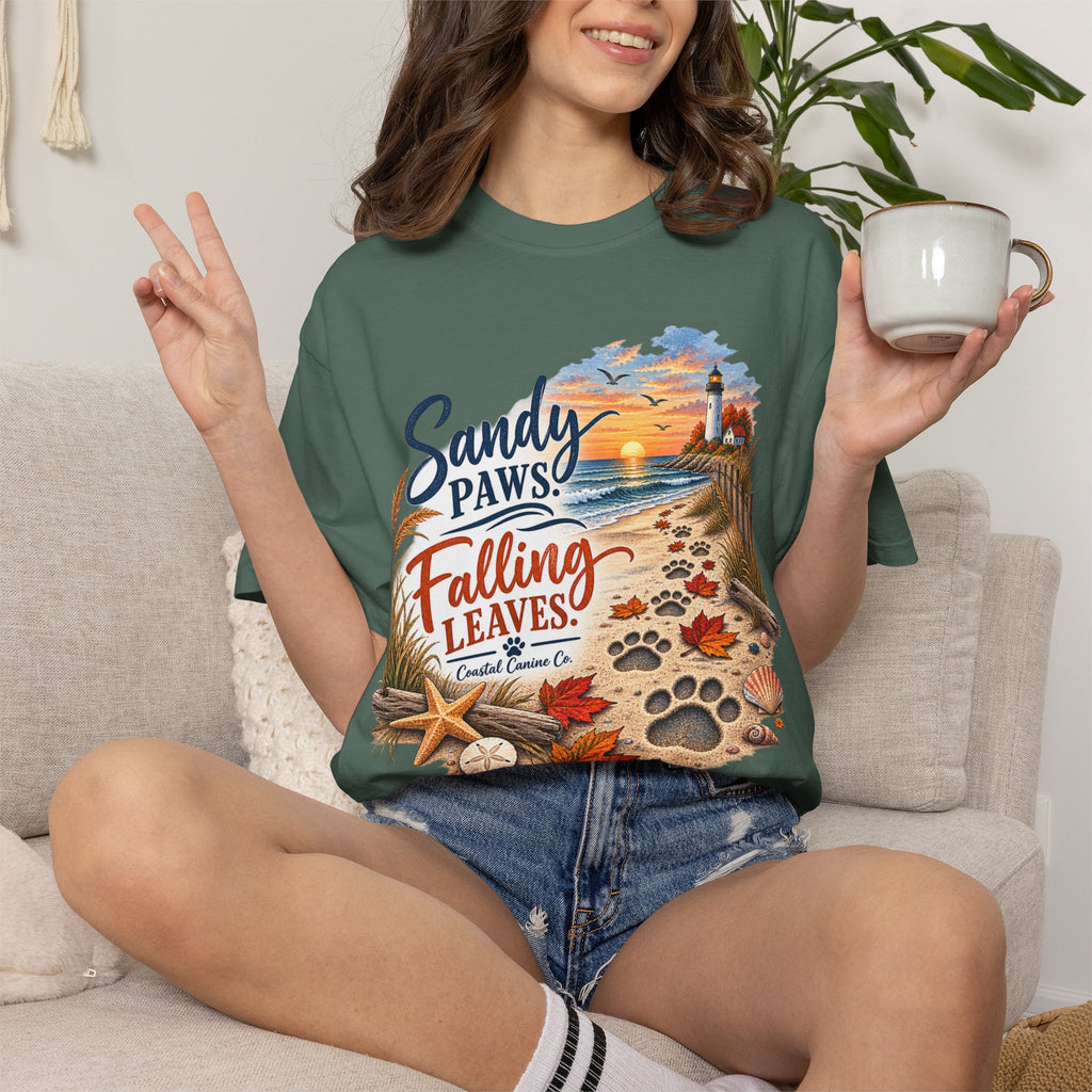 Sandy Paws Falling Leaves Beach T-Shirt — Autumn Coastal Dog Lover Tee