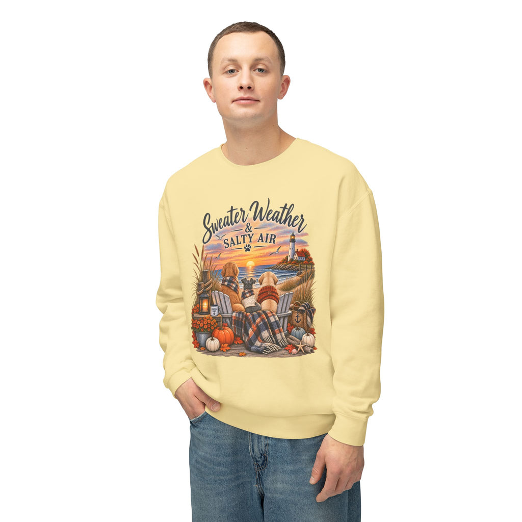 Sweater Weather & Salty Air Crewneck Sweatshirt — Coastal Fall Sunset Design