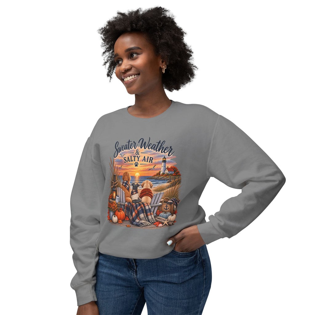 Sweater Weather & Salty Air Crewneck Sweatshirt — Coastal Fall Sunset Design